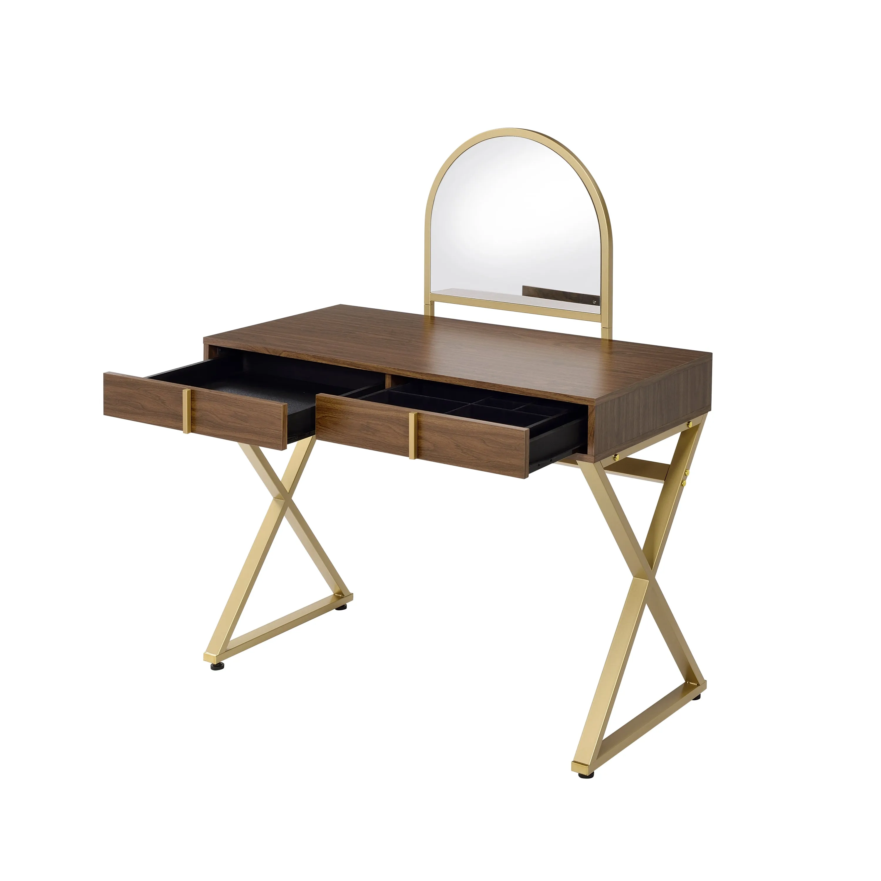 Coleen Vanity Desk w/Mirror & Jewelry Tray in Walnut & Gold Finish AC00665