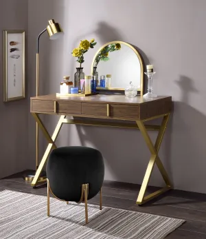 Coleen Vanity Desk w/Mirror & Jewelry Tray in Walnut & Gold Finish AC00665