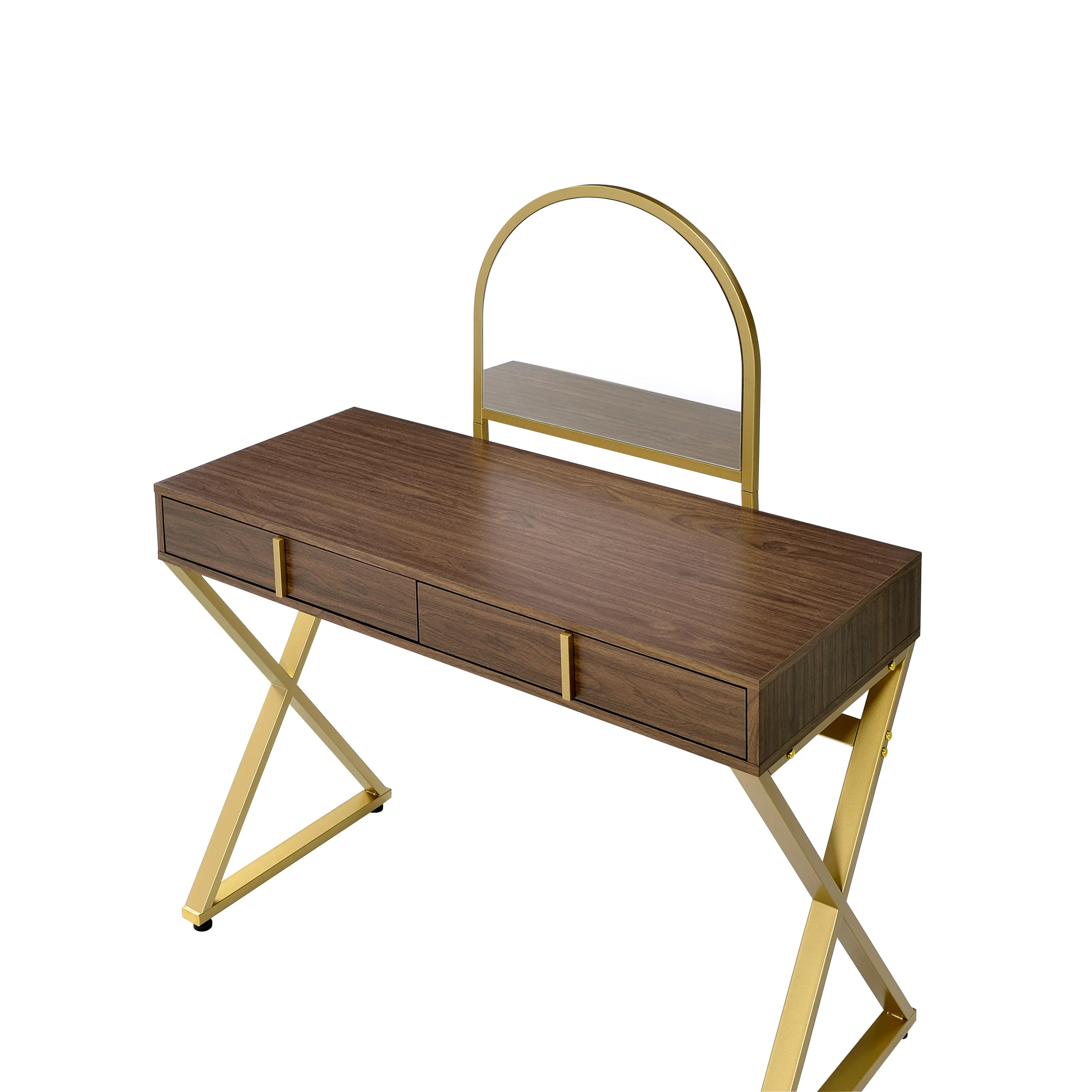 Coleen Vanity Desk w/Mirror & Jewelry Tray in Walnut & Gold Finish AC00665