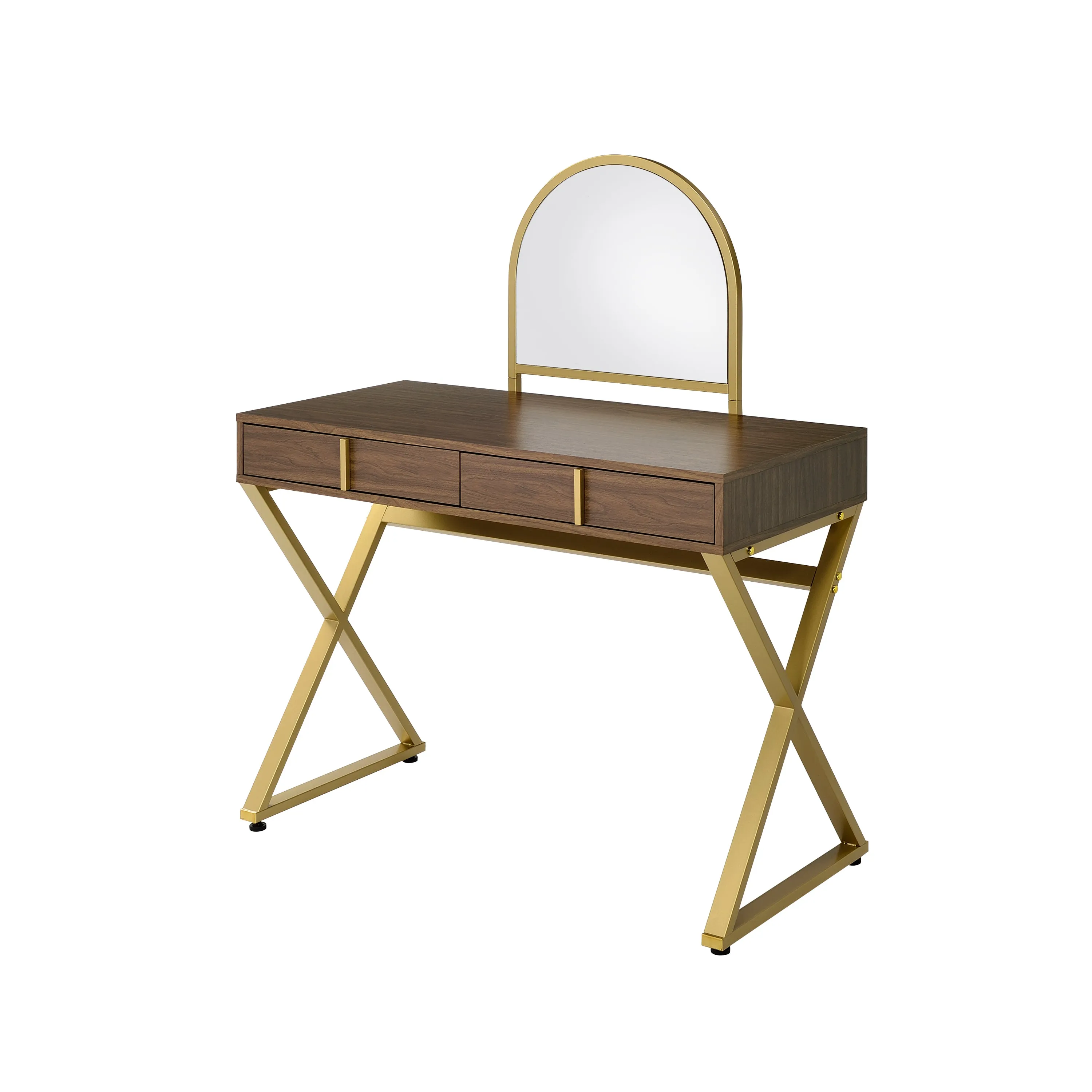 Coleen Vanity Desk w/Mirror & Jewelry Tray in Walnut & Gold Finish AC00665