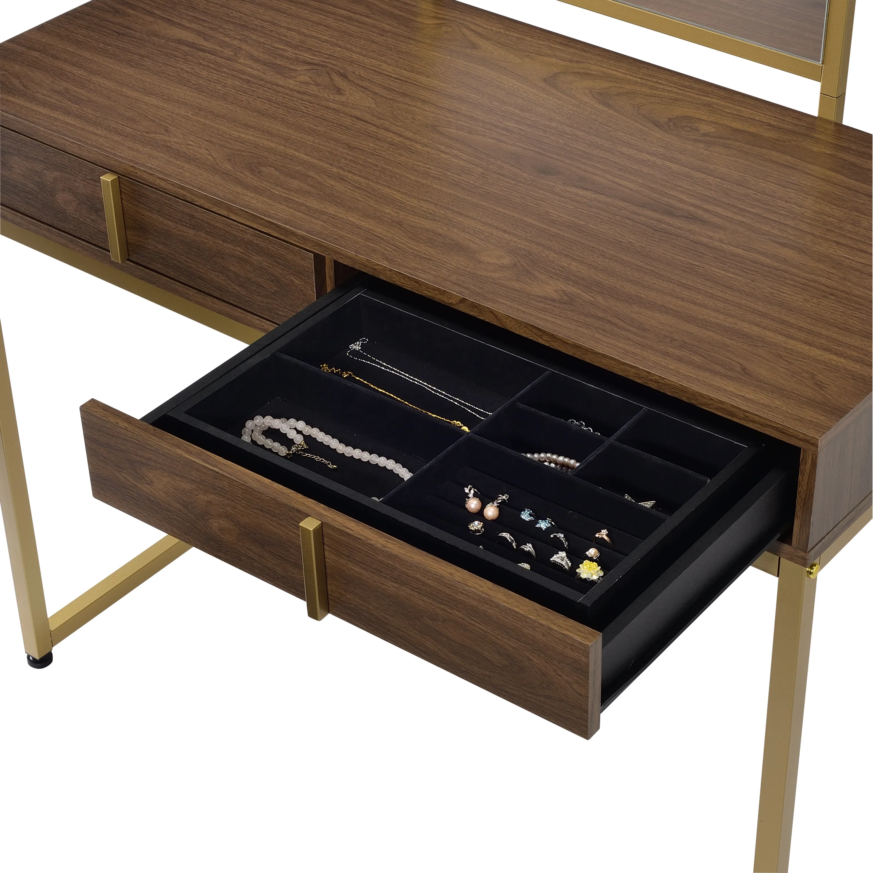 Coleen Vanity Desk w/Mirror & Jewelry Tray in Walnut & Gold Finish AC00670