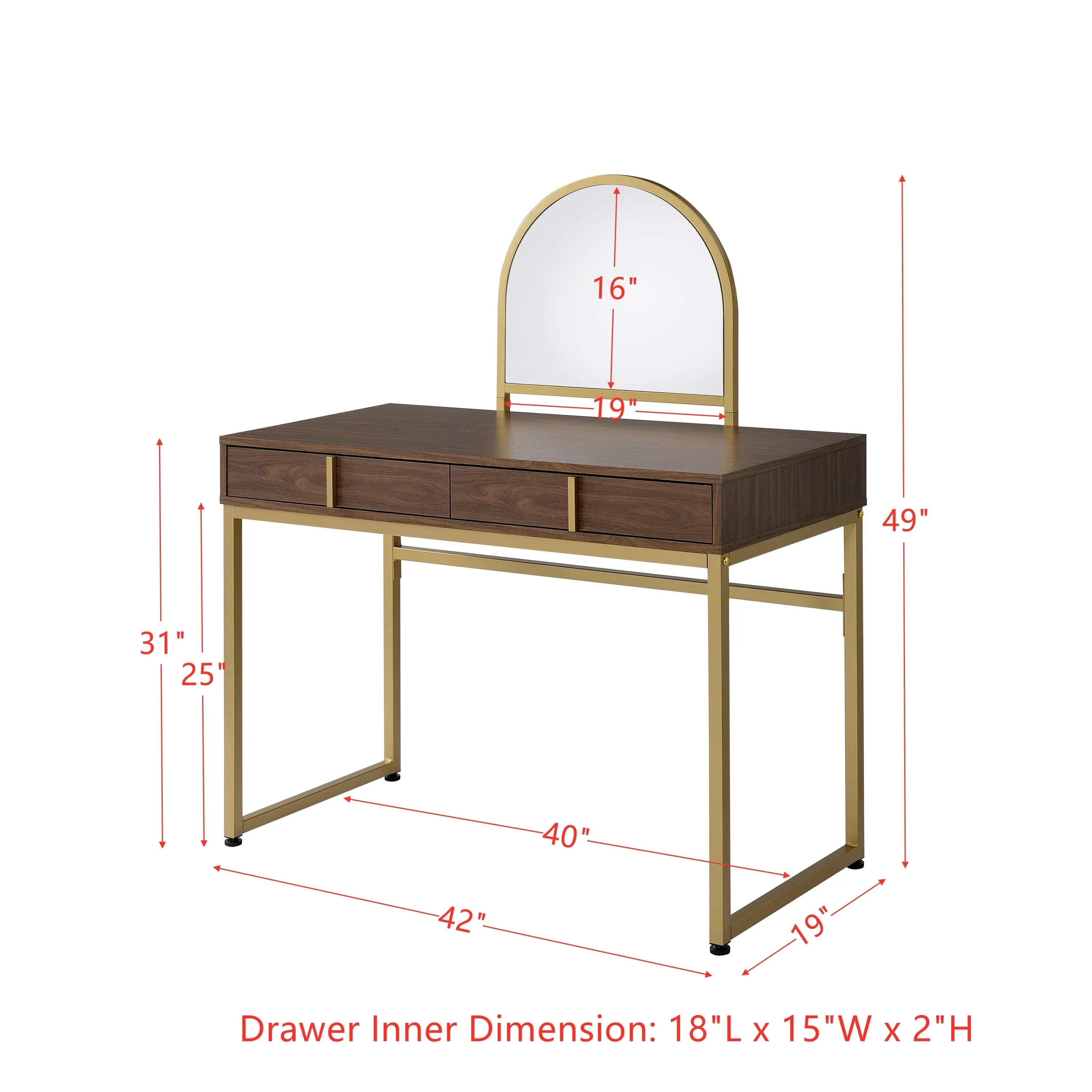 Coleen Vanity Desk w/Mirror & Jewelry Tray in Walnut & Gold Finish AC00670