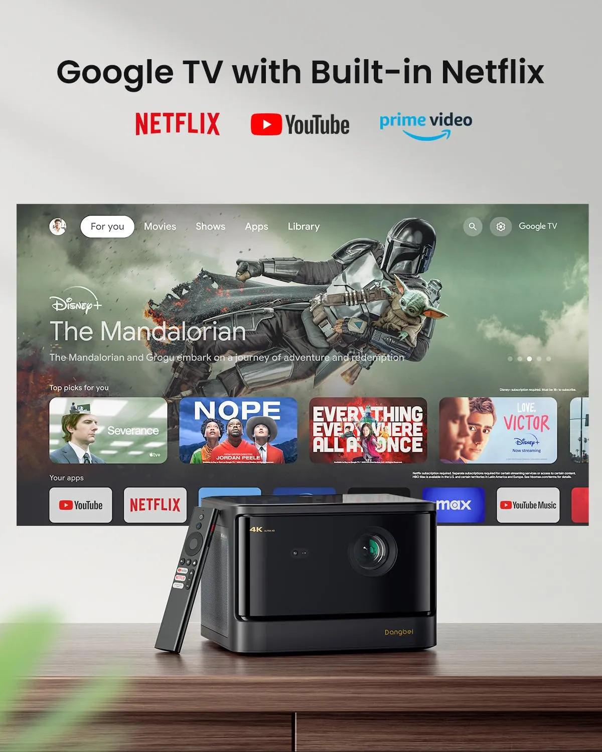 Dangbei DBOX02 4K Laser Projector GTV, 2450 ISO Lumens, Netflix Officially Licensed Home Theater Projector with WiFi and Bluetooth, HDR10 , 200-inch Picture, 2x12W DTS:X and Dolby Audio