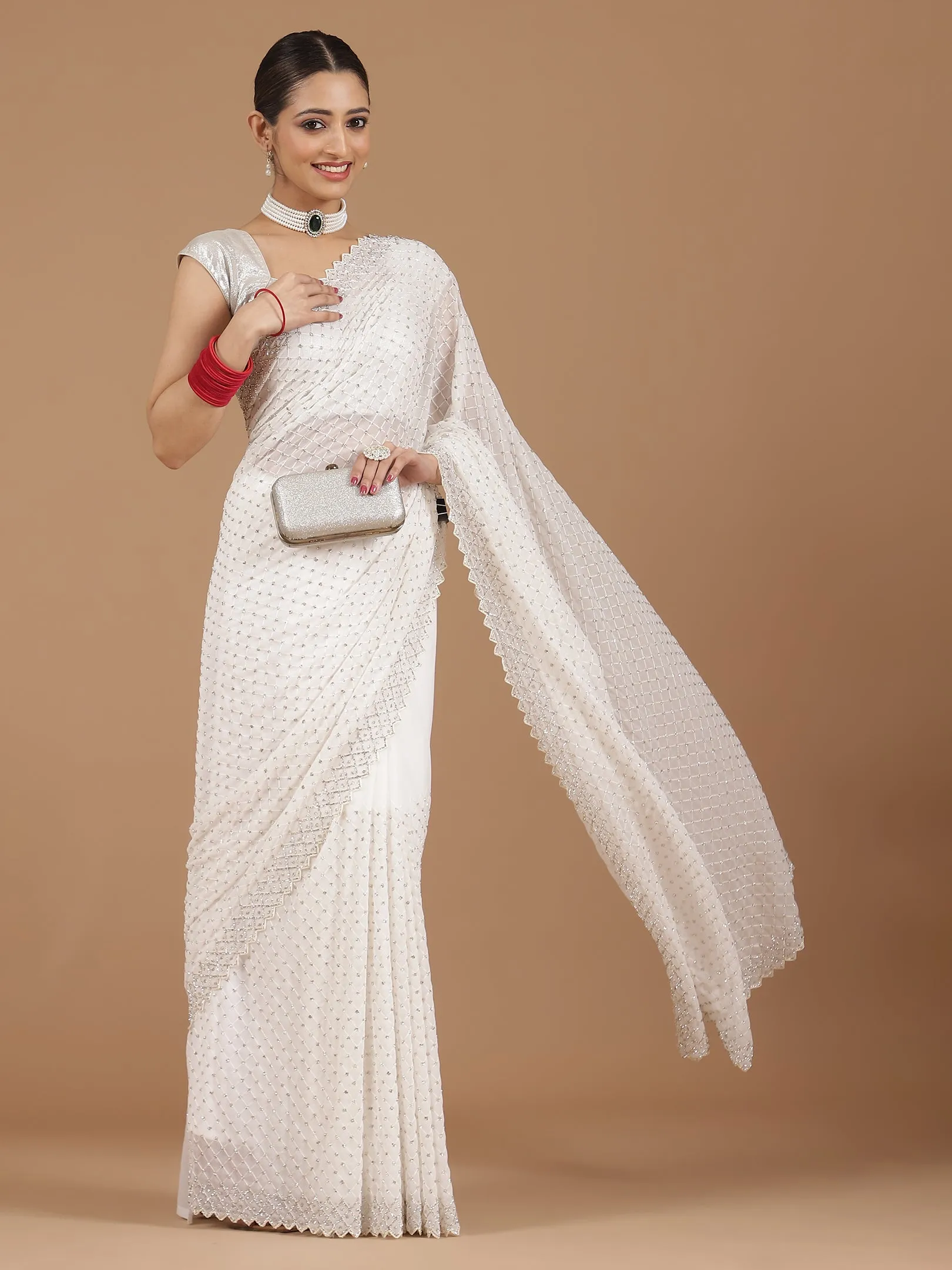 Georgette Saree with Mirror Work Border