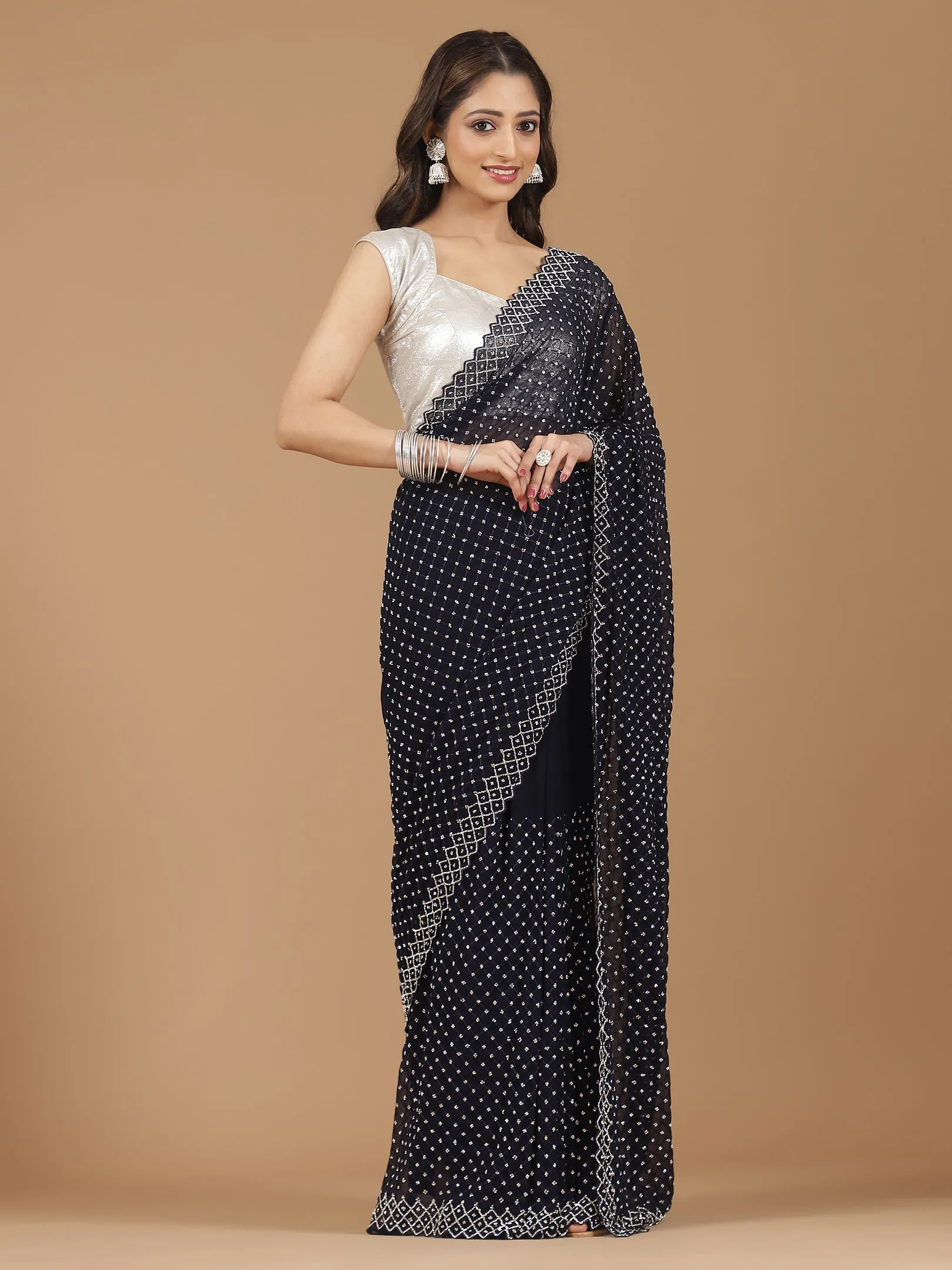 Georgette Saree with Mirror Work Border