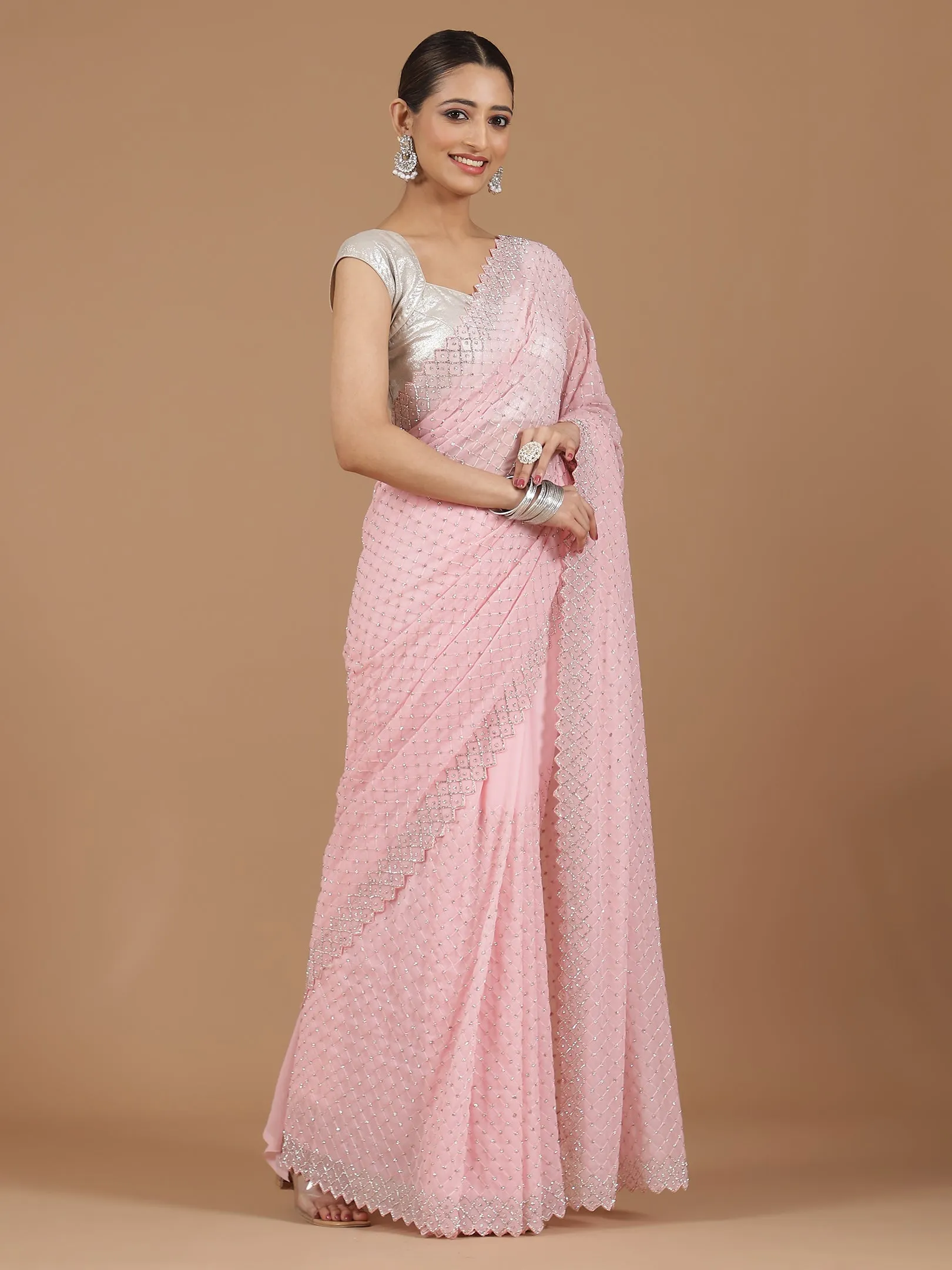 Georgette Saree with Mirror Work Border