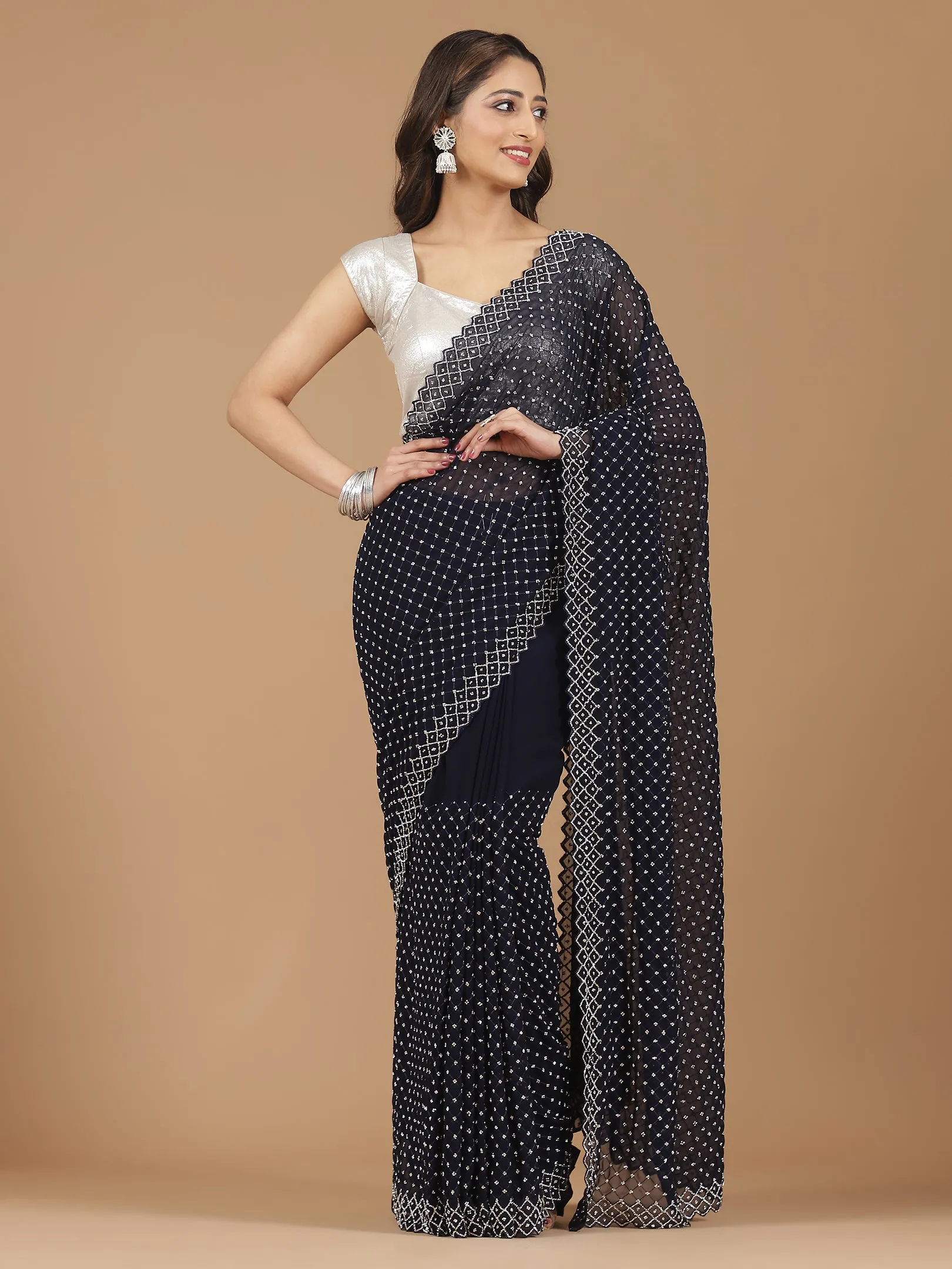 Georgette Saree with Mirror Work Border