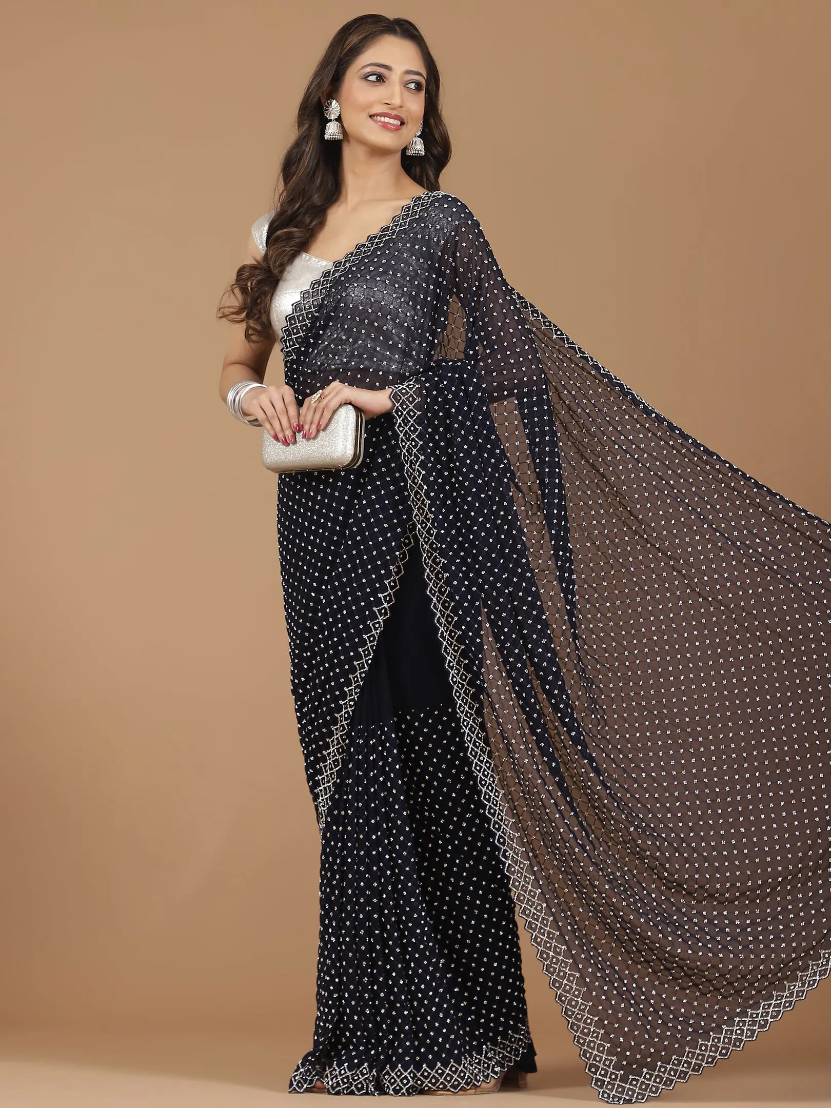 Georgette Saree with Mirror Work Border
