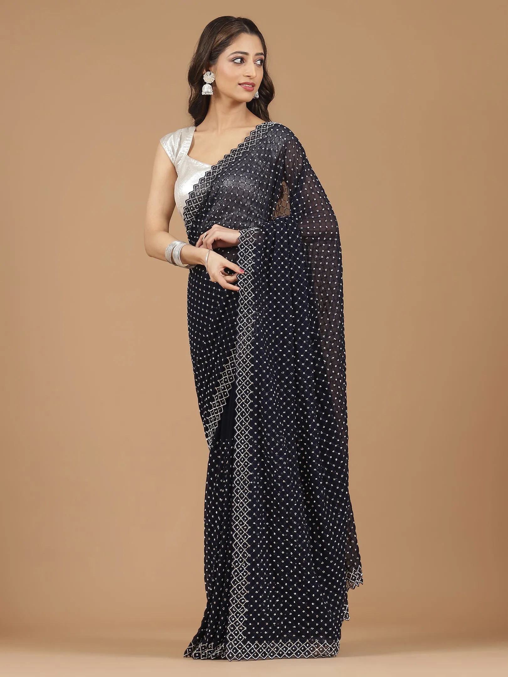 Georgette Saree with Mirror Work Border