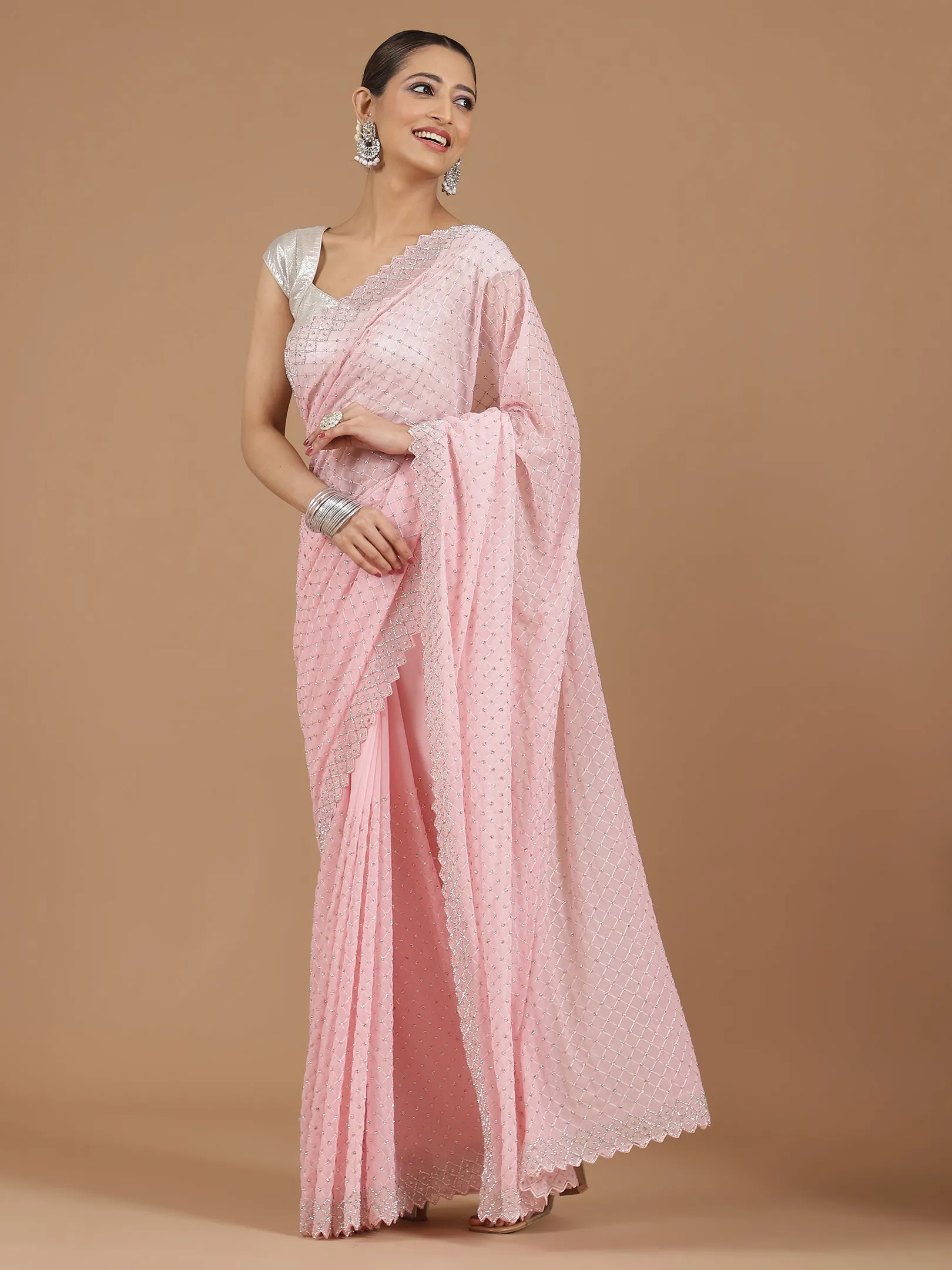 Georgette Saree with Mirror Work Border