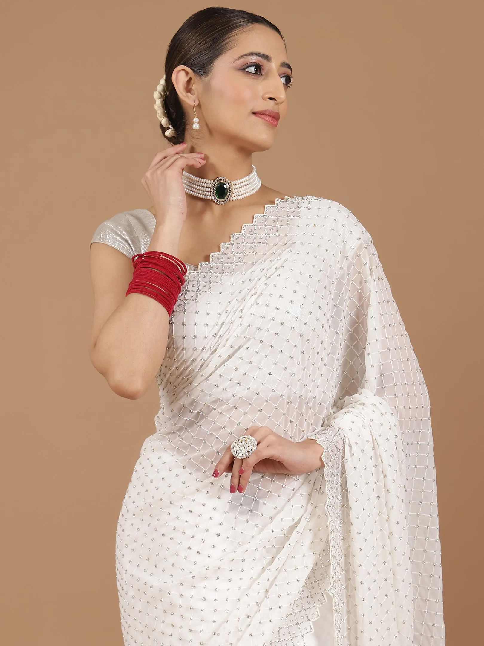 Georgette Saree with Mirror Work Border