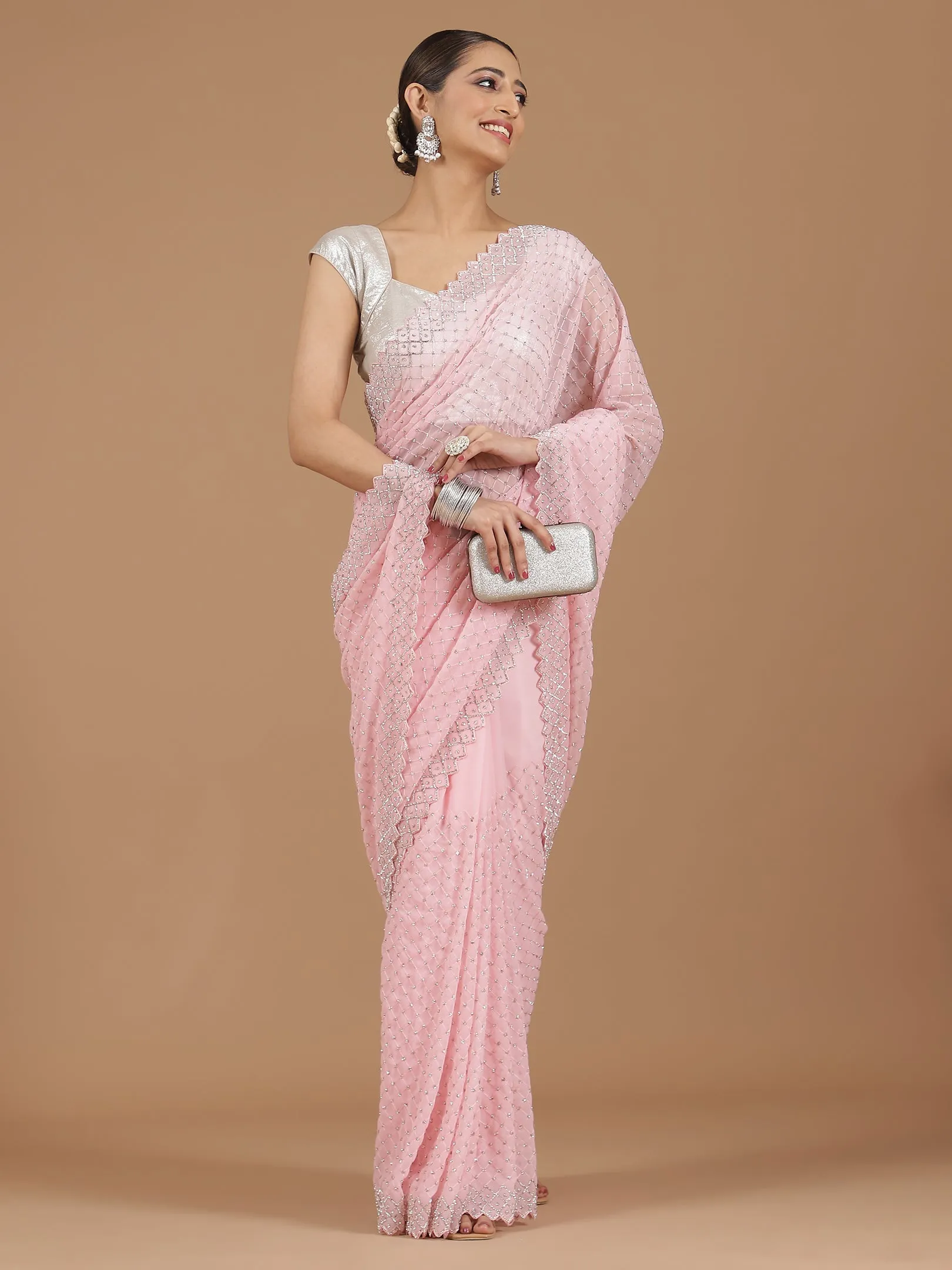 Georgette Saree with Mirror Work Border