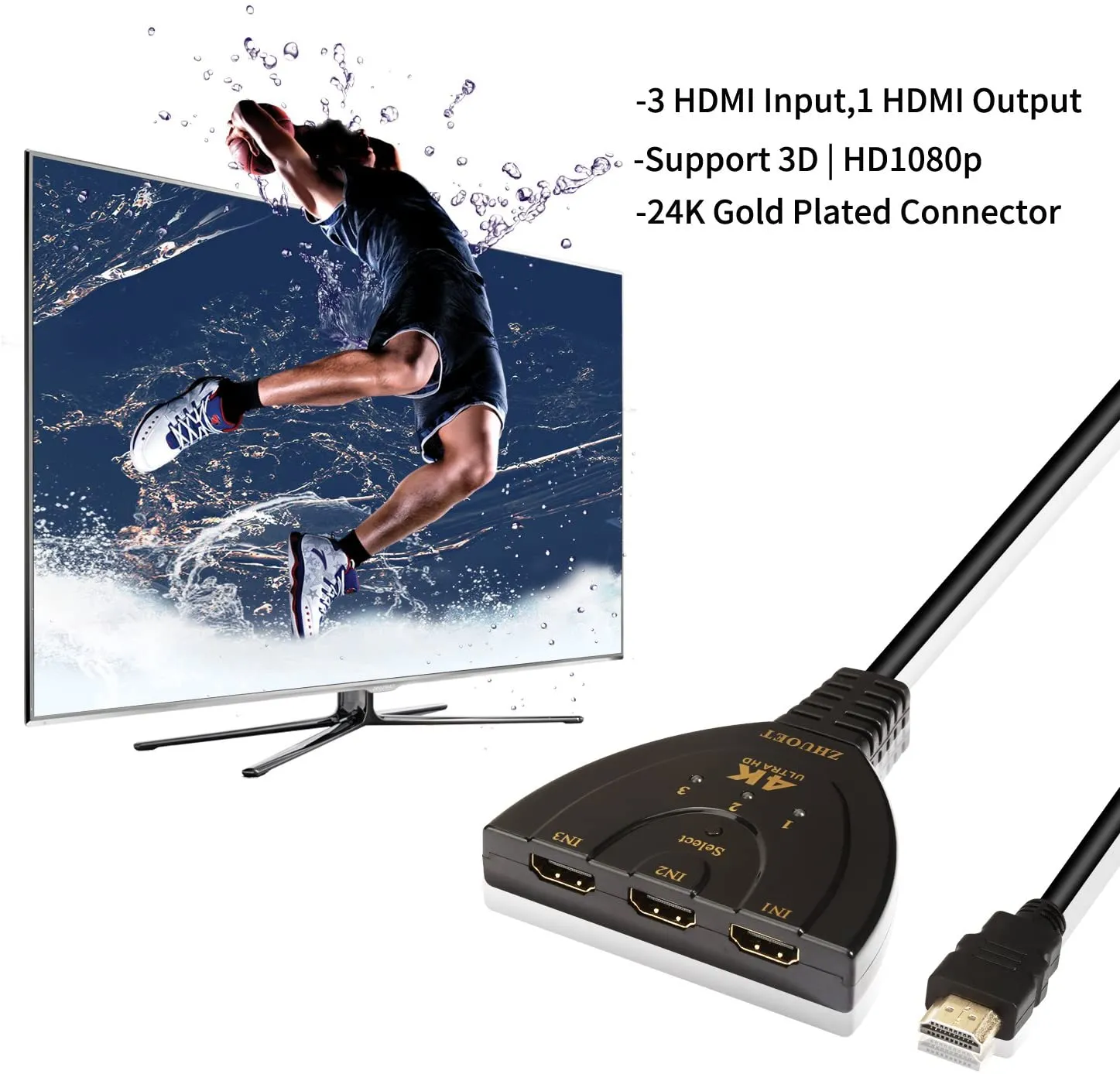 Hdmi Switch - 3-Port 4K Full hd HDMI Switch with 3 Input - 1 output