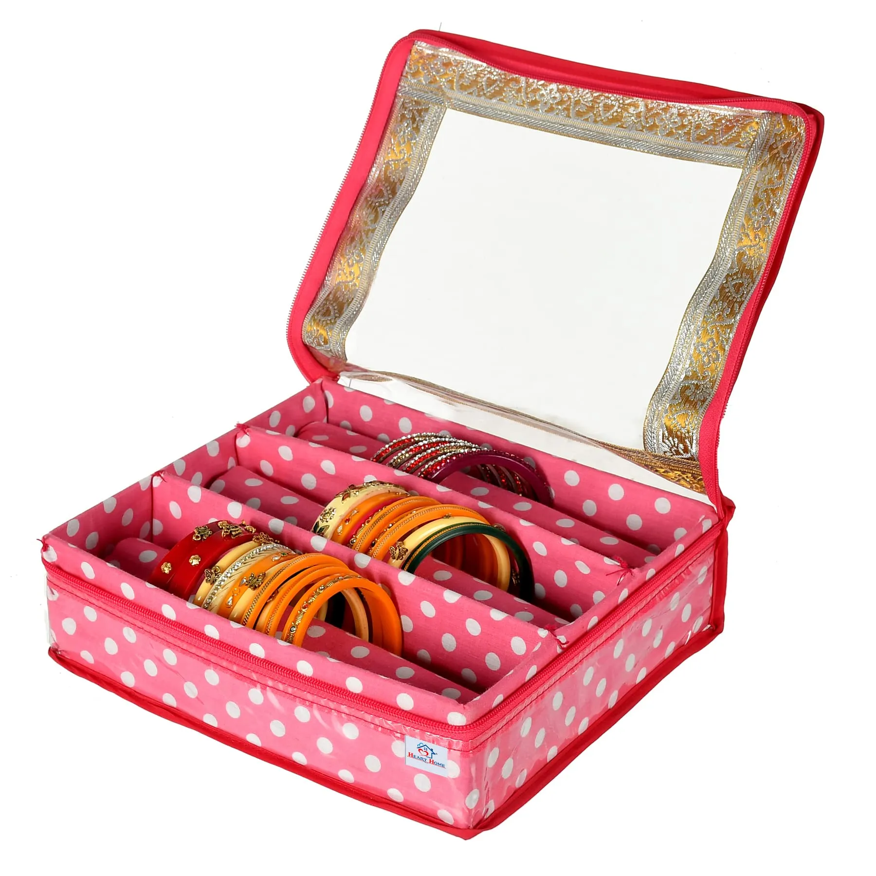 Heart Home Dot Printed Laminated 3 Rod Bangle Box/Organizer With Transparent Top (Pink)-HS43HEARTH25538
