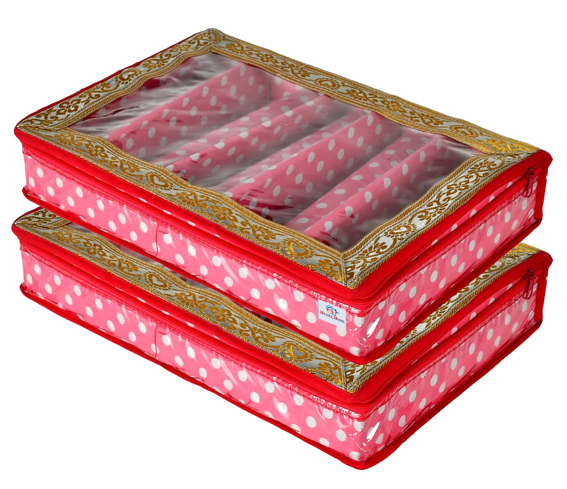 Heart Home Dot Printed Laminated 5 Rod Bangle, Chudi, Watches & Bracelet Box/Organizer With Transparent Top- Pack of 2 (Pink)-HS43HEARTH25547