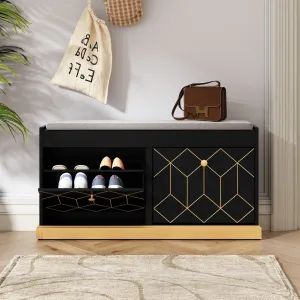 HLR Black Modern Entryway Shoe Bench with 2 Flip Drawers & Padded Cushion, Storage Bench for Hallway, Closet & Living Room