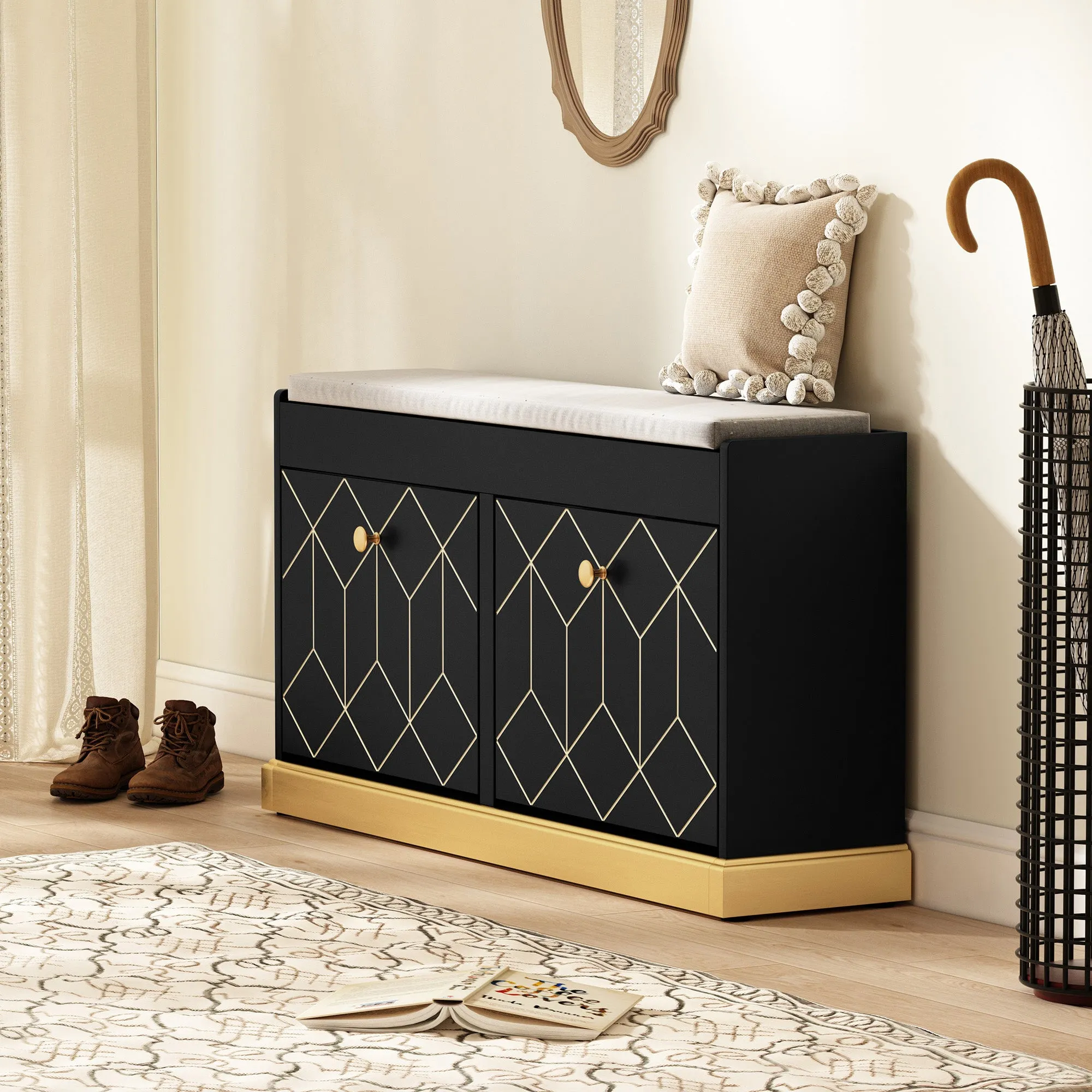 HLR Black Modern Entryway Shoe Bench with 2 Flip Drawers & Padded Cushion, Storage Bench for Hallway, Closet & Living Room