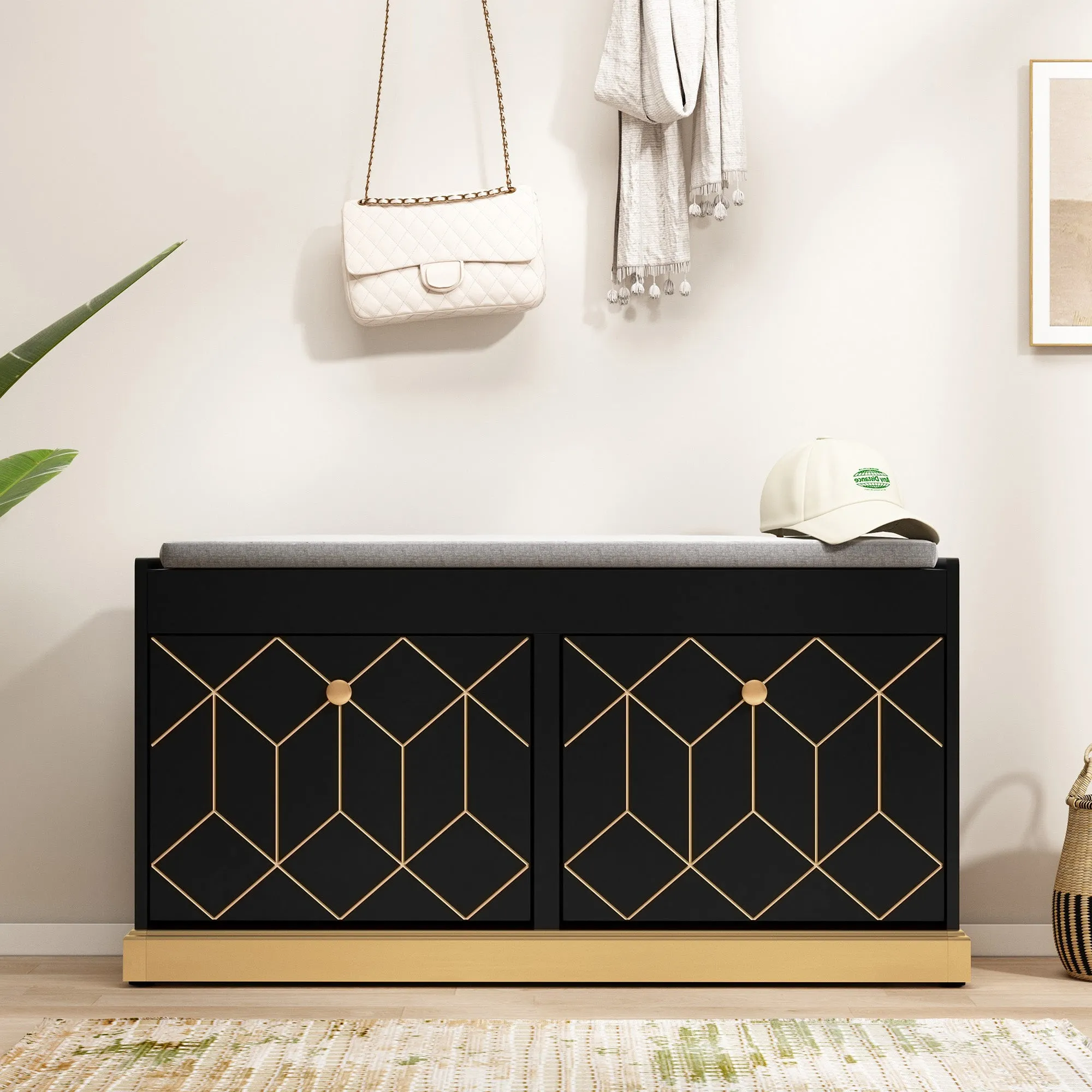 HLR Black Modern Entryway Shoe Bench with 2 Flip Drawers & Padded Cushion, Storage Bench for Hallway, Closet & Living Room