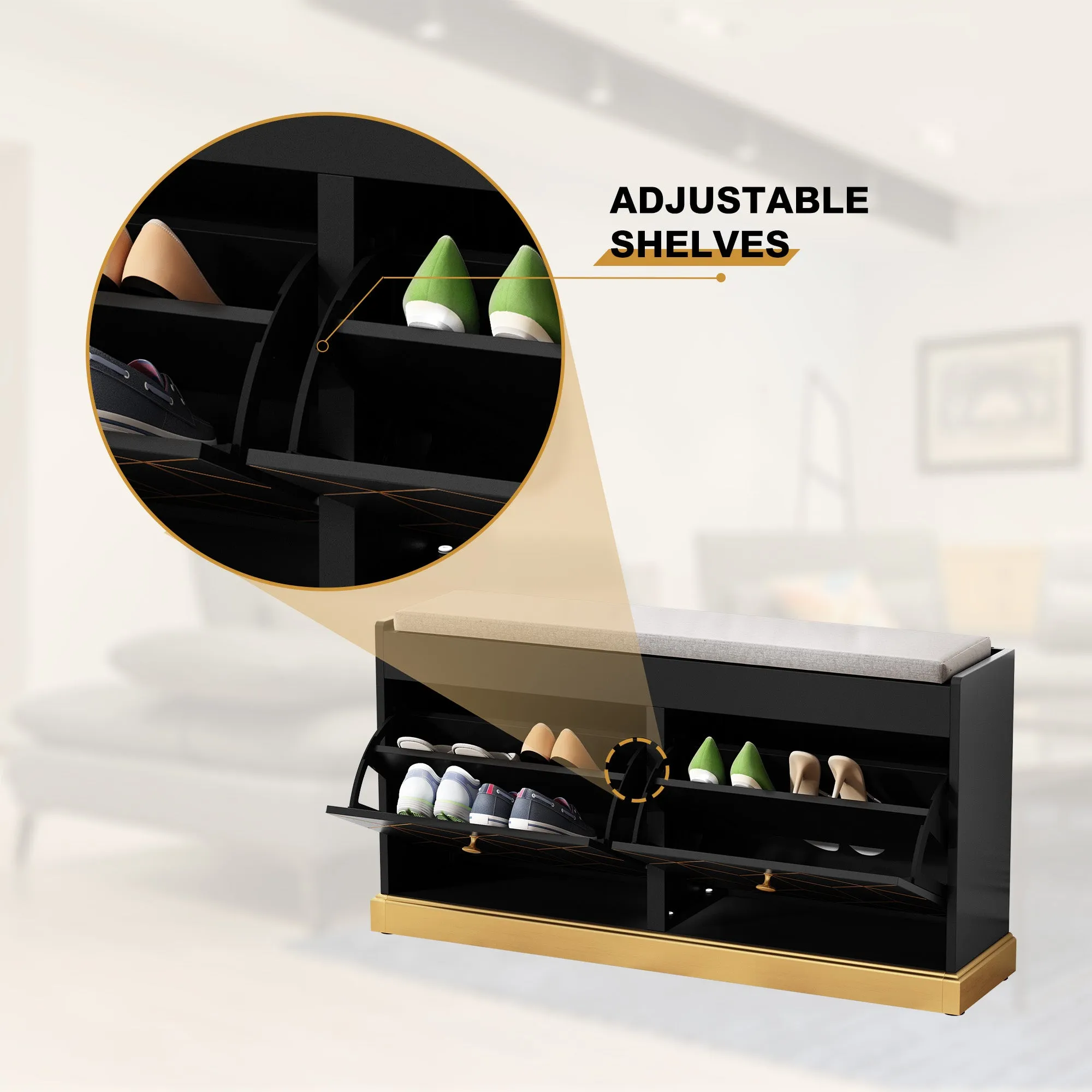 HLR Black Modern Entryway Shoe Bench with 2 Flip Drawers & Padded Cushion, Storage Bench for Hallway, Closet & Living Room