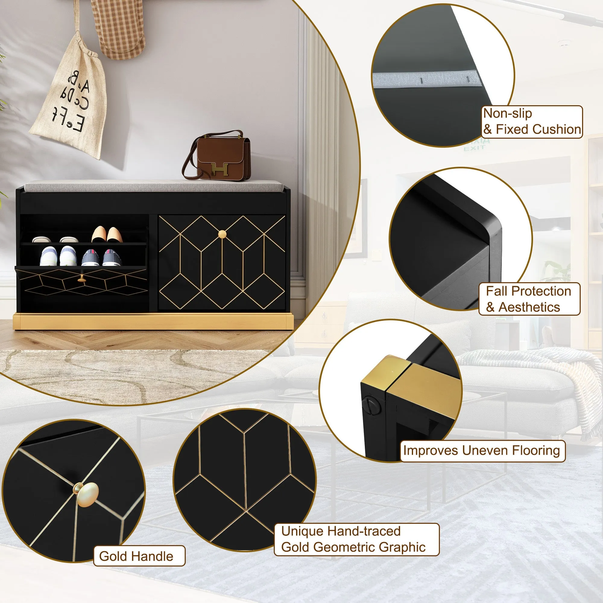 HLR Black Modern Entryway Shoe Bench with 2 Flip Drawers & Padded Cushion, Storage Bench for Hallway, Closet & Living Room