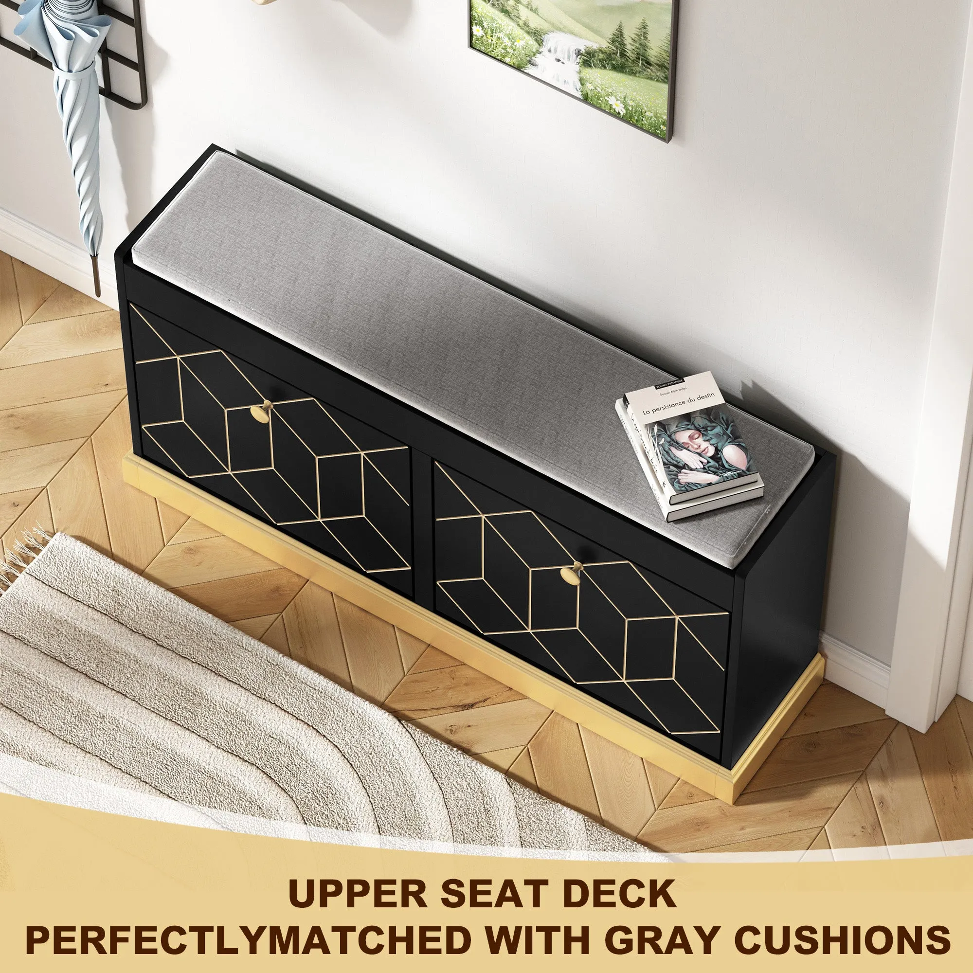 HLR Black Modern Entryway Shoe Bench with 2 Flip Drawers & Padded Cushion, Storage Bench for Hallway, Closet & Living Room