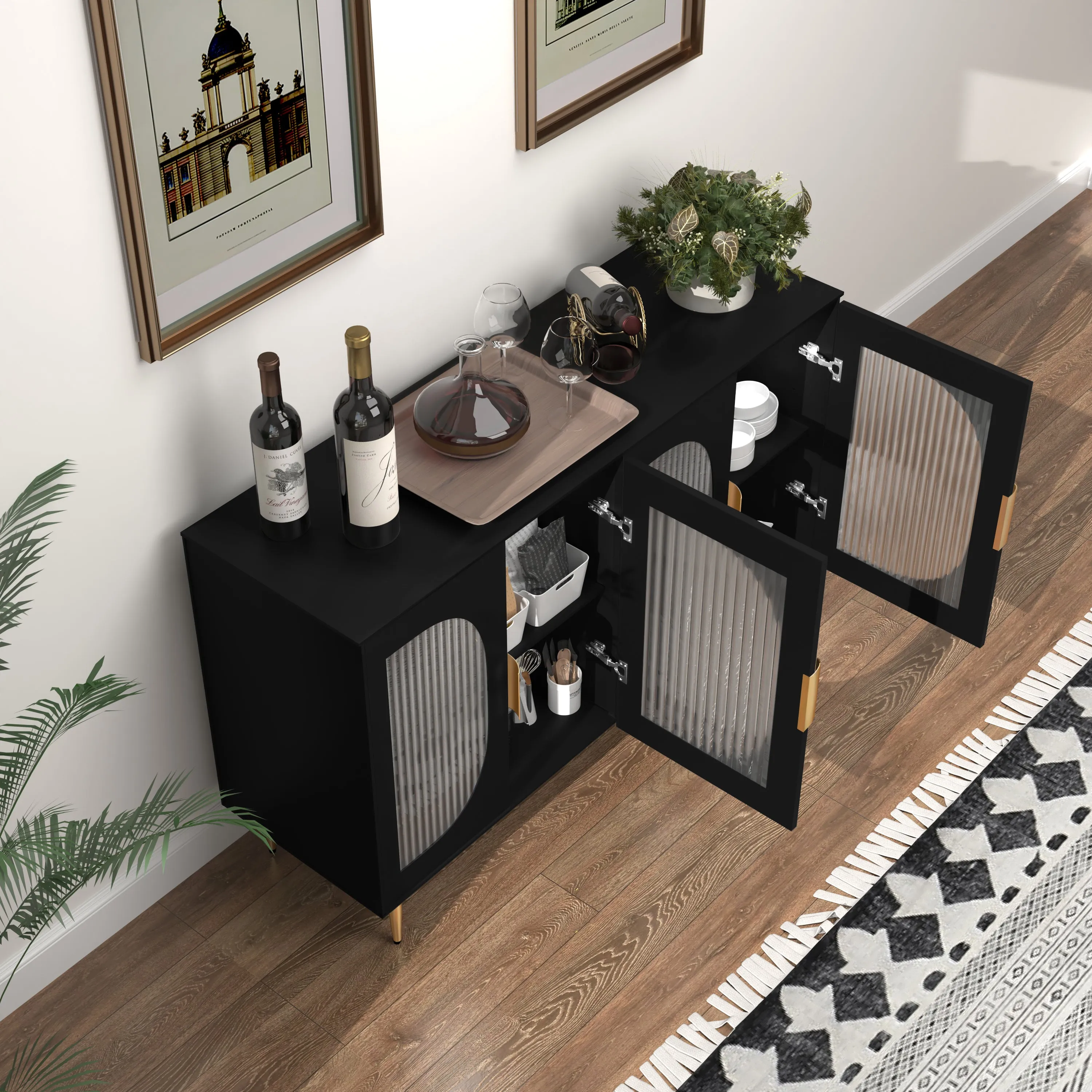 HLR Black Wood Accent Sideboard Buffet with 4-Glass Door Storage  Stylish Organizer for Dining, Kitchen, Living Room & Hallway