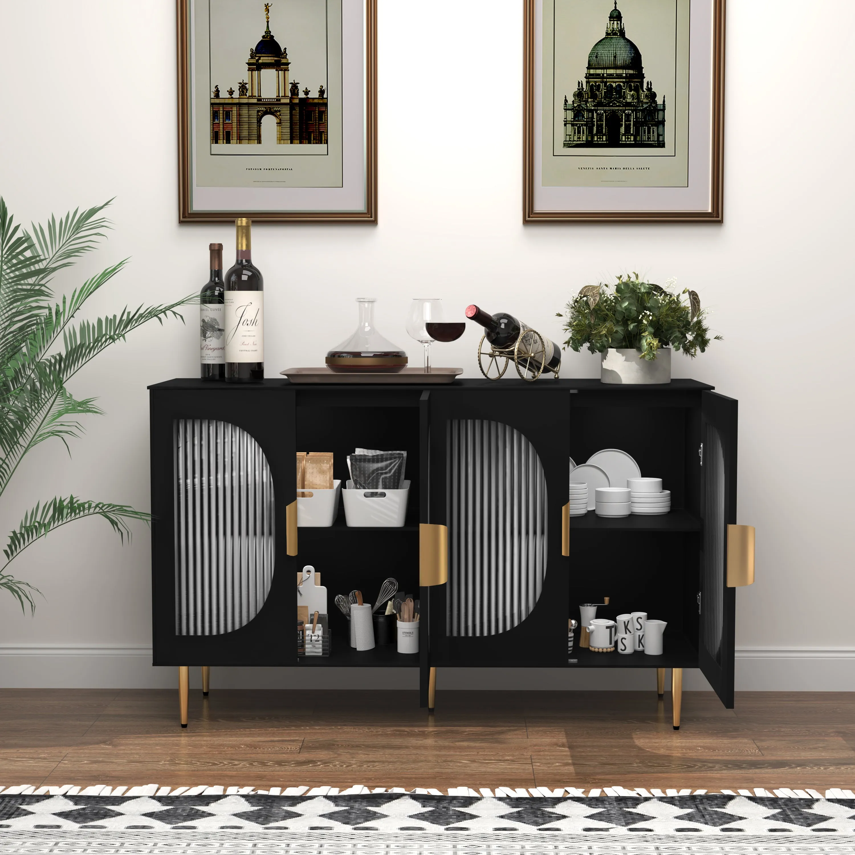 HLR Black Wood Accent Sideboard Buffet with 4-Glass Door Storage  Stylish Organizer for Dining, Kitchen, Living Room & Hallway