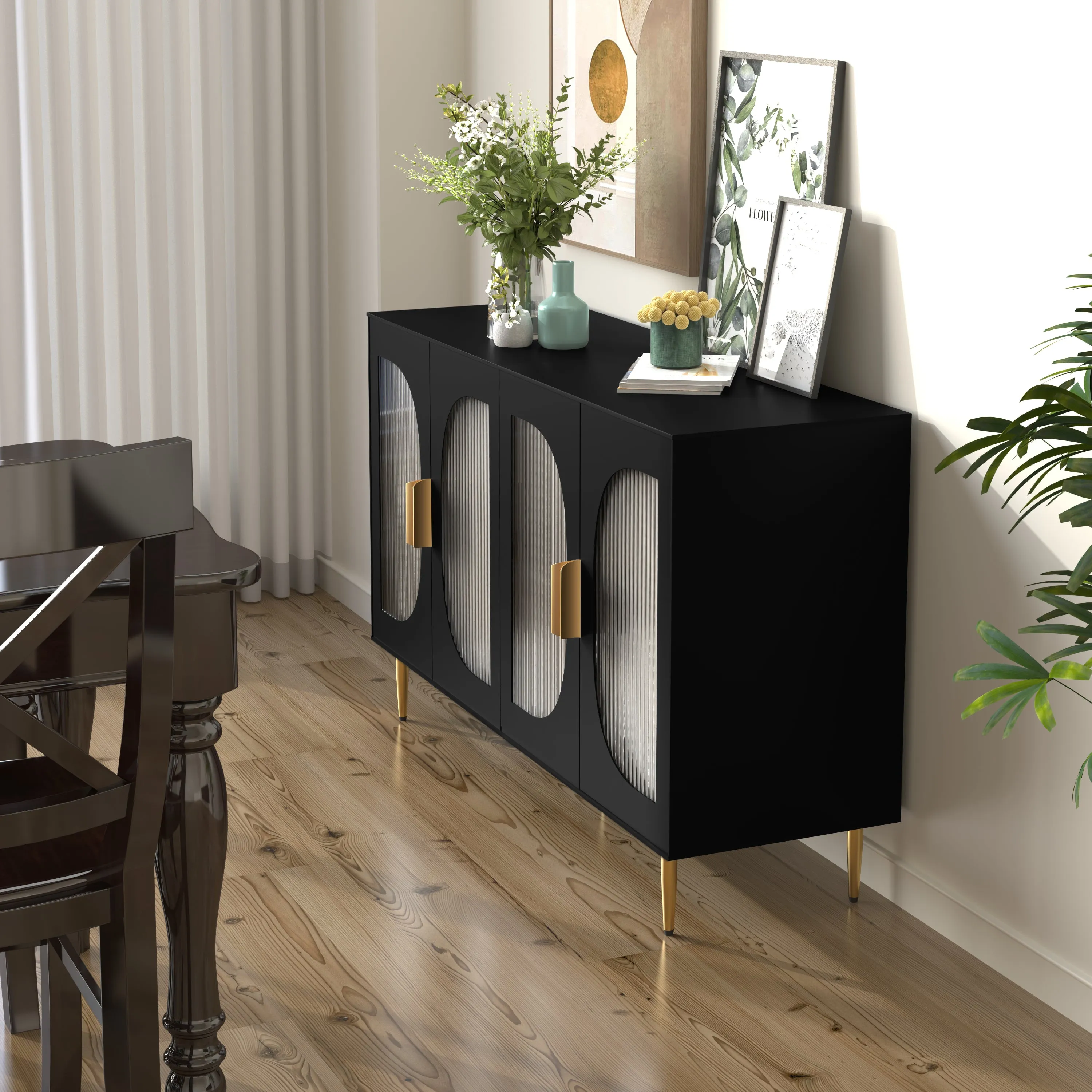 HLR Black Wood Accent Sideboard Buffet with 4-Glass Door Storage  Stylish Organizer for Dining, Kitchen, Living Room & Hallway