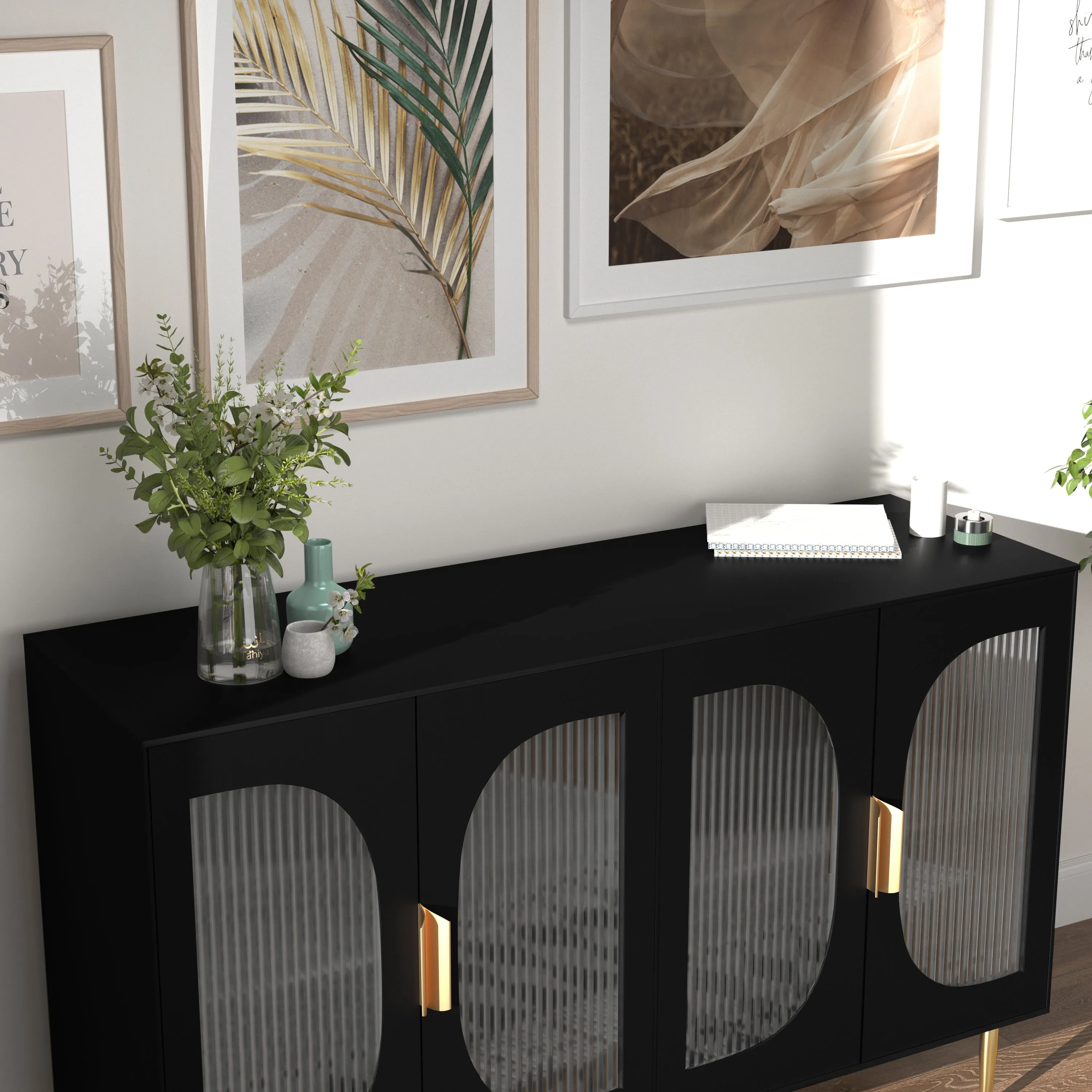 HLR Black Wood Accent Sideboard Buffet with 4-Glass Door Storage  Stylish Organizer for Dining, Kitchen, Living Room & Hallway