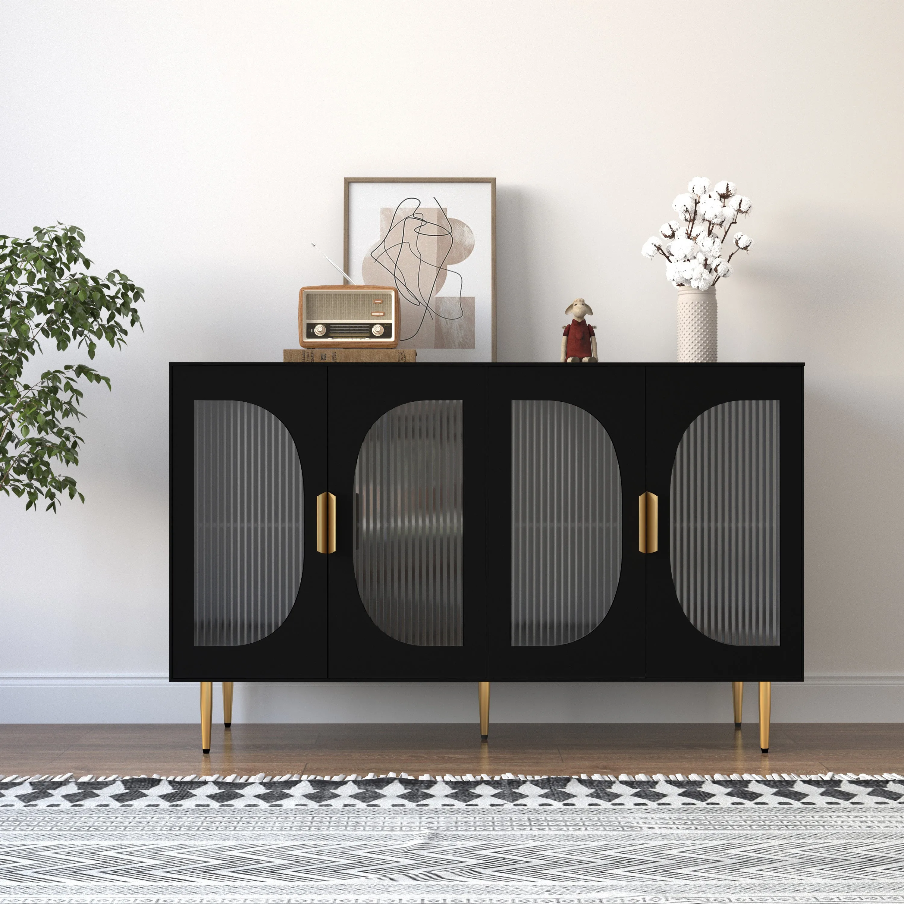 HLR Black Wood Accent Sideboard Buffet with 4-Glass Door Storage  Stylish Organizer for Dining, Kitchen, Living Room & Hallway