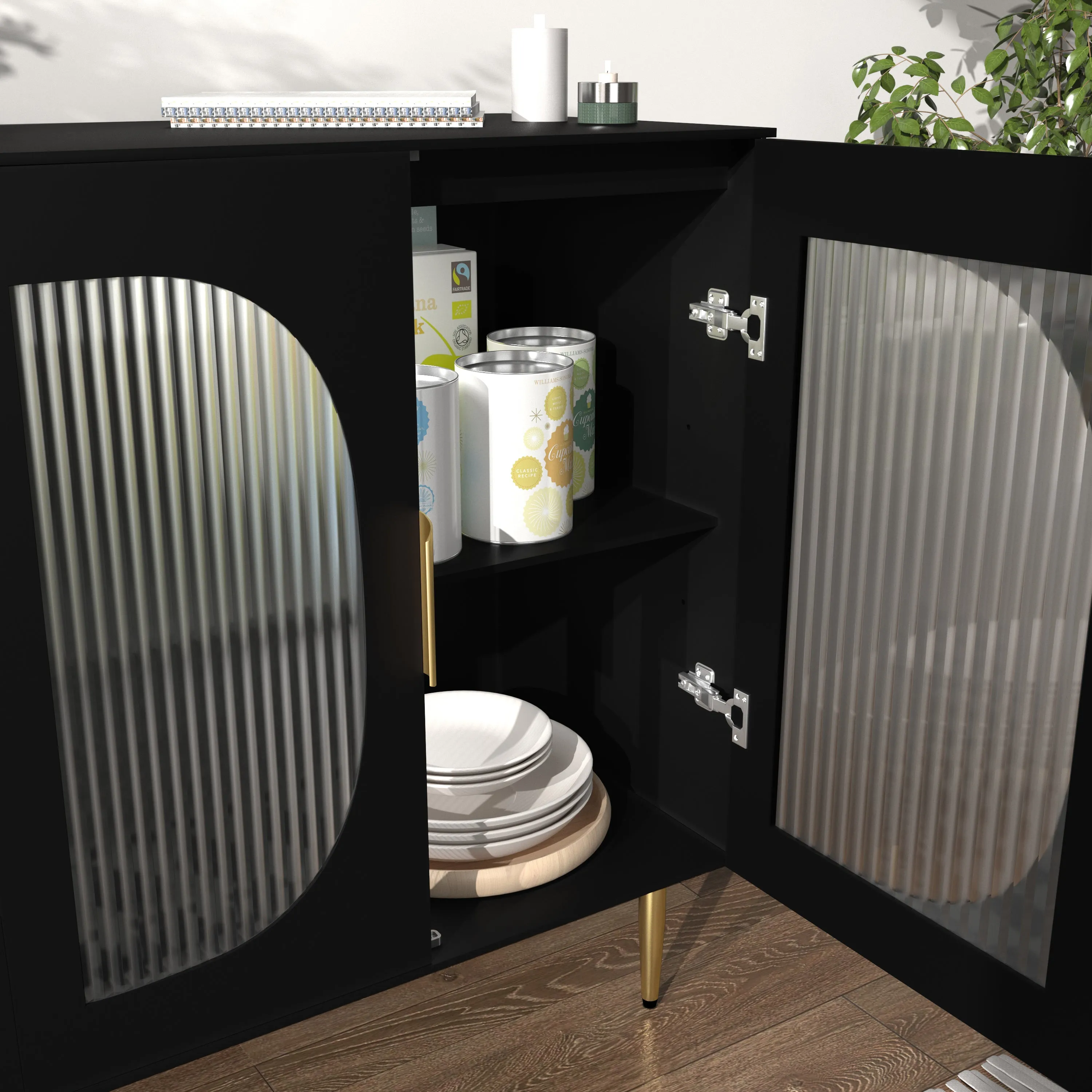 HLR Black Wood Accent Sideboard Buffet with 4-Glass Door Storage  Stylish Organizer for Dining, Kitchen, Living Room & Hallway