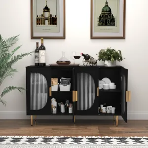 HLR Black Wood Accent Sideboard Buffet with 4-Glass Door Storage  Stylish Organizer for Dining, Kitchen, Living Room & Hallway