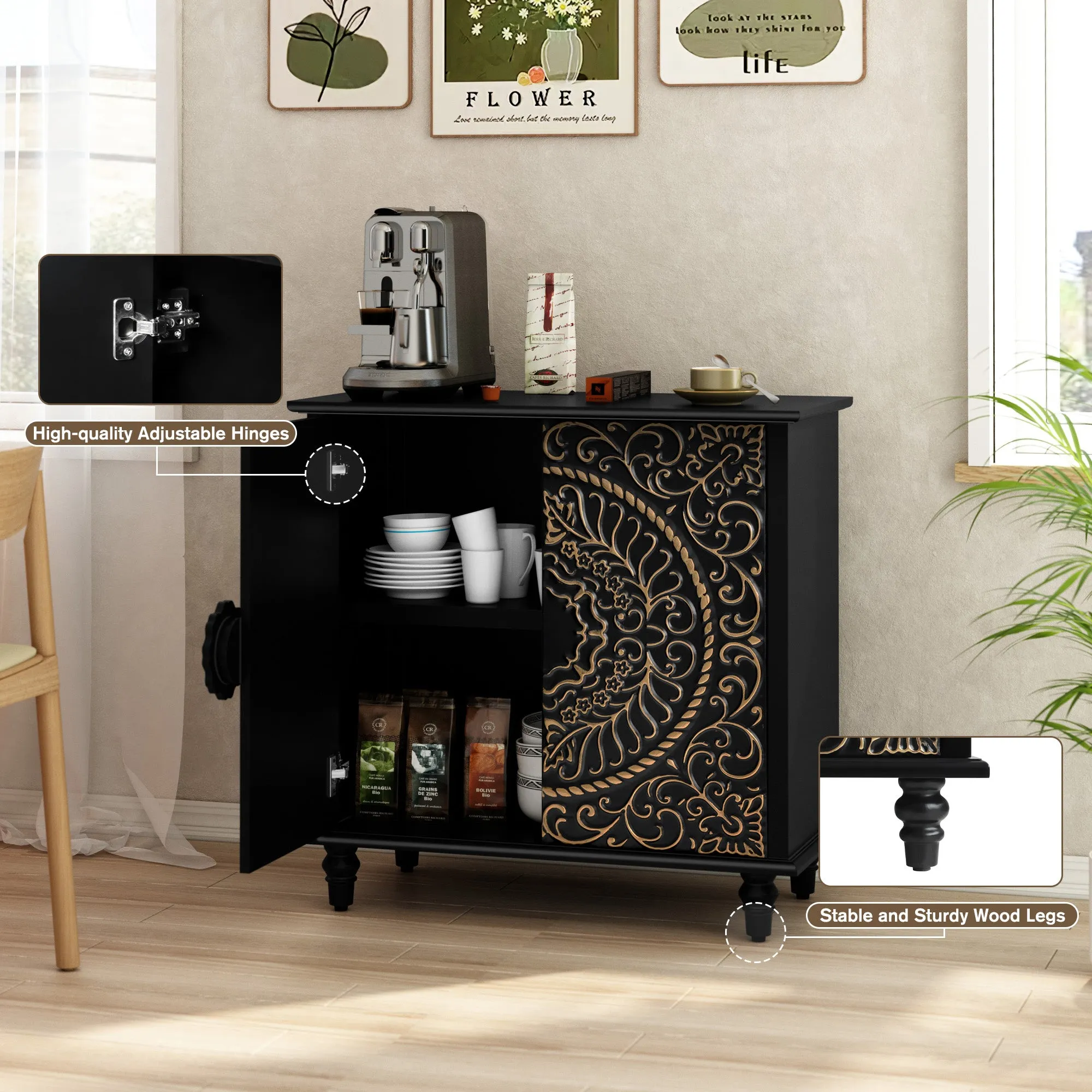 HLR Black Wood Credenza Sideboard with 2-Door Storage & Carved Flower Design  Decorative Organizer for Entryway, Living, Kitchen & Dining