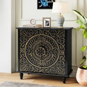 HLR Black Wood Credenza Sideboard with 2-Door Storage & Carved Flower Design  Decorative Organizer for Entryway, Living, Kitchen & Dining