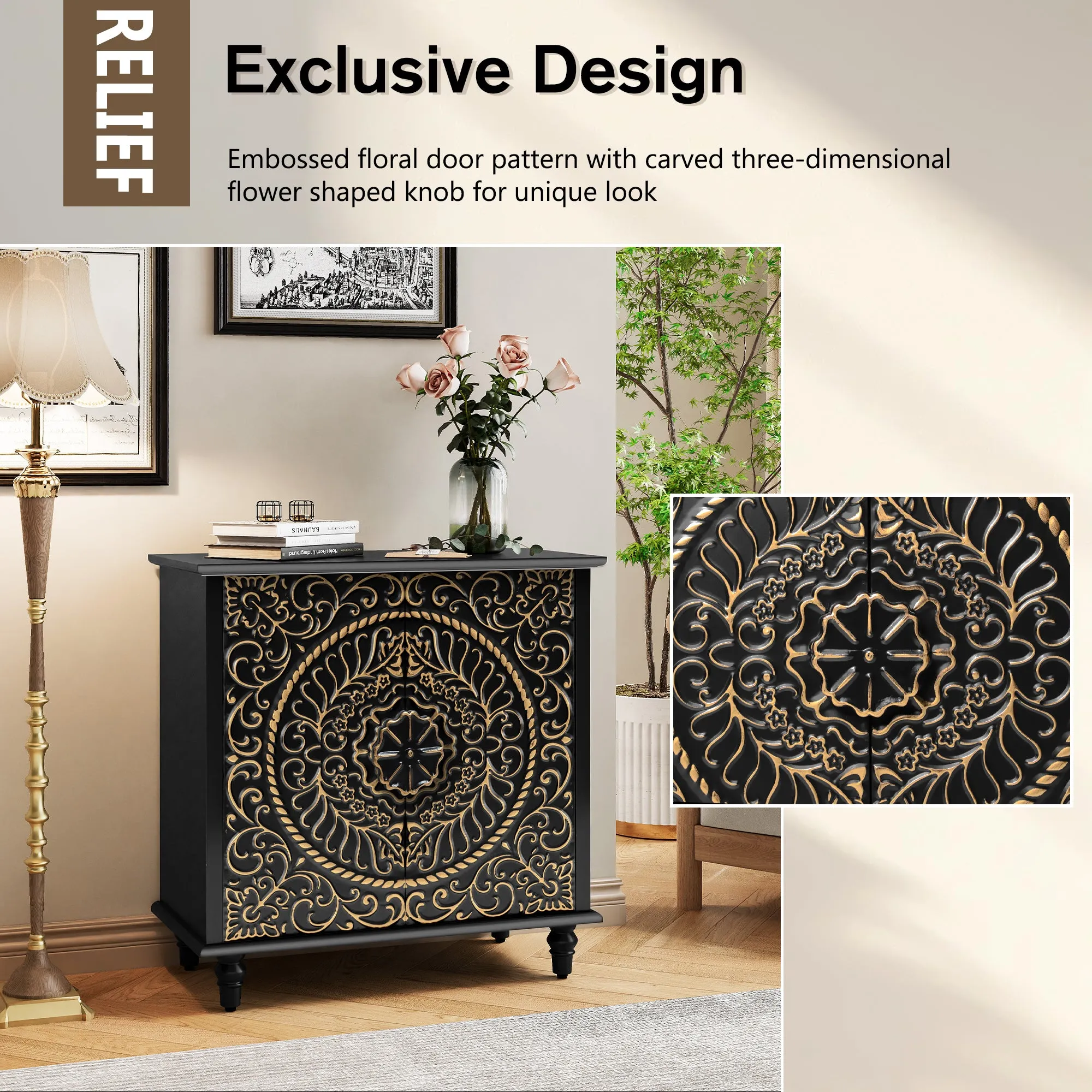 HLR Black Wood Credenza Sideboard with 2-Door Storage & Carved Flower Design  Decorative Organizer for Entryway, Living, Kitchen & Dining