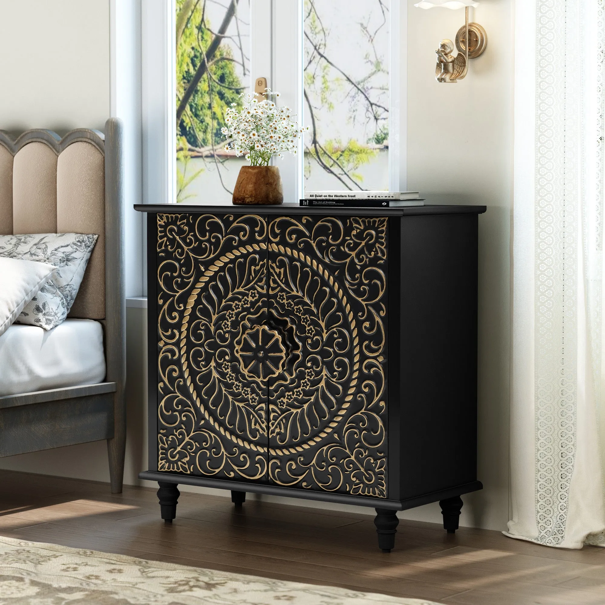 HLR Black Wood Credenza Sideboard with 2-Door Storage & Carved Flower Design  Decorative Organizer for Entryway, Living, Kitchen & Dining