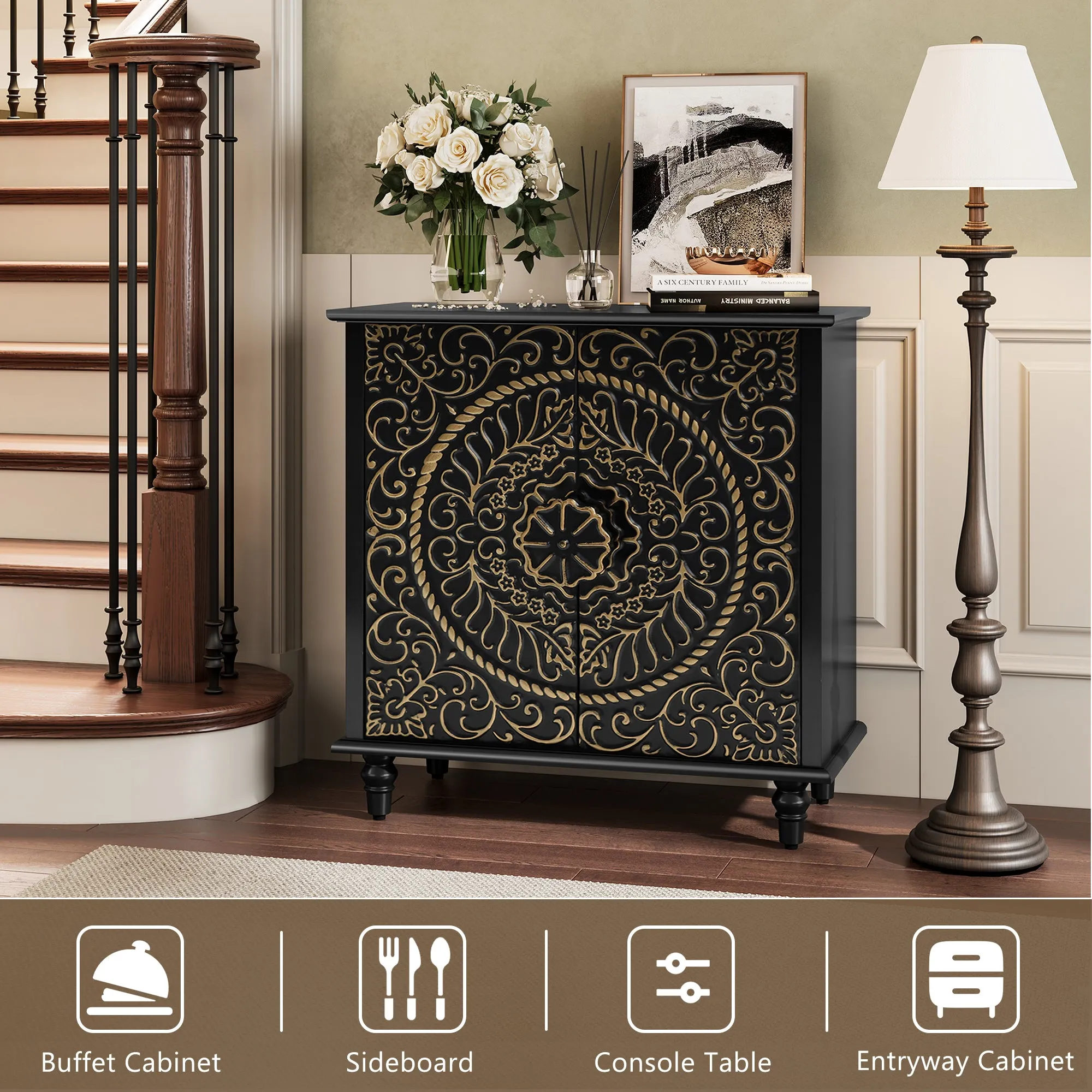HLR Black Wood Credenza Sideboard with 2-Door Storage & Carved Flower Design  Decorative Organizer for Entryway, Living, Kitchen & Dining