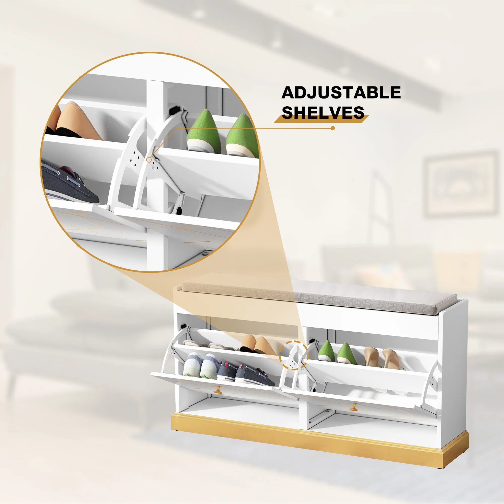HLR White Modern Entryway Shoe Bench with 2 Flip Drawers & Padded Cushion, Storage Bench for Hallway, Closet & Living Room