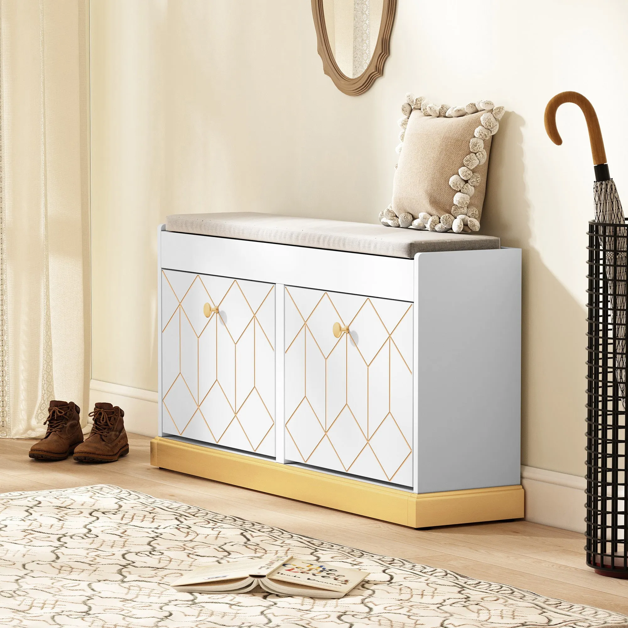 HLR White Modern Entryway Shoe Bench with 2 Flip Drawers & Padded Cushion, Storage Bench for Hallway, Closet & Living Room