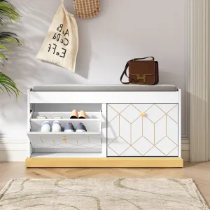 HLR White Modern Entryway Shoe Bench with 2 Flip Drawers & Padded Cushion, Storage Bench for Hallway, Closet & Living Room