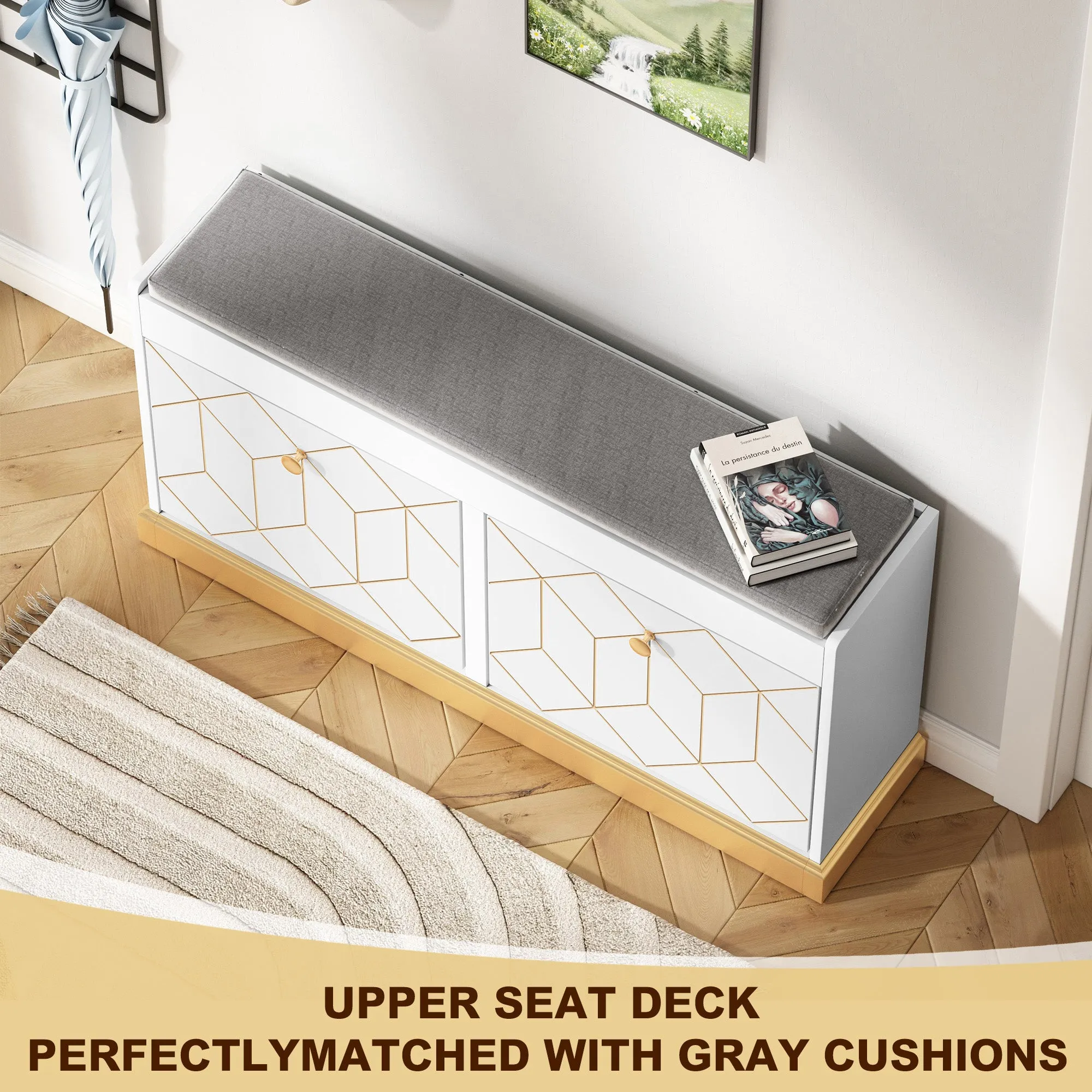 HLR White Modern Entryway Shoe Bench with 2 Flip Drawers & Padded Cushion, Storage Bench for Hallway, Closet & Living Room