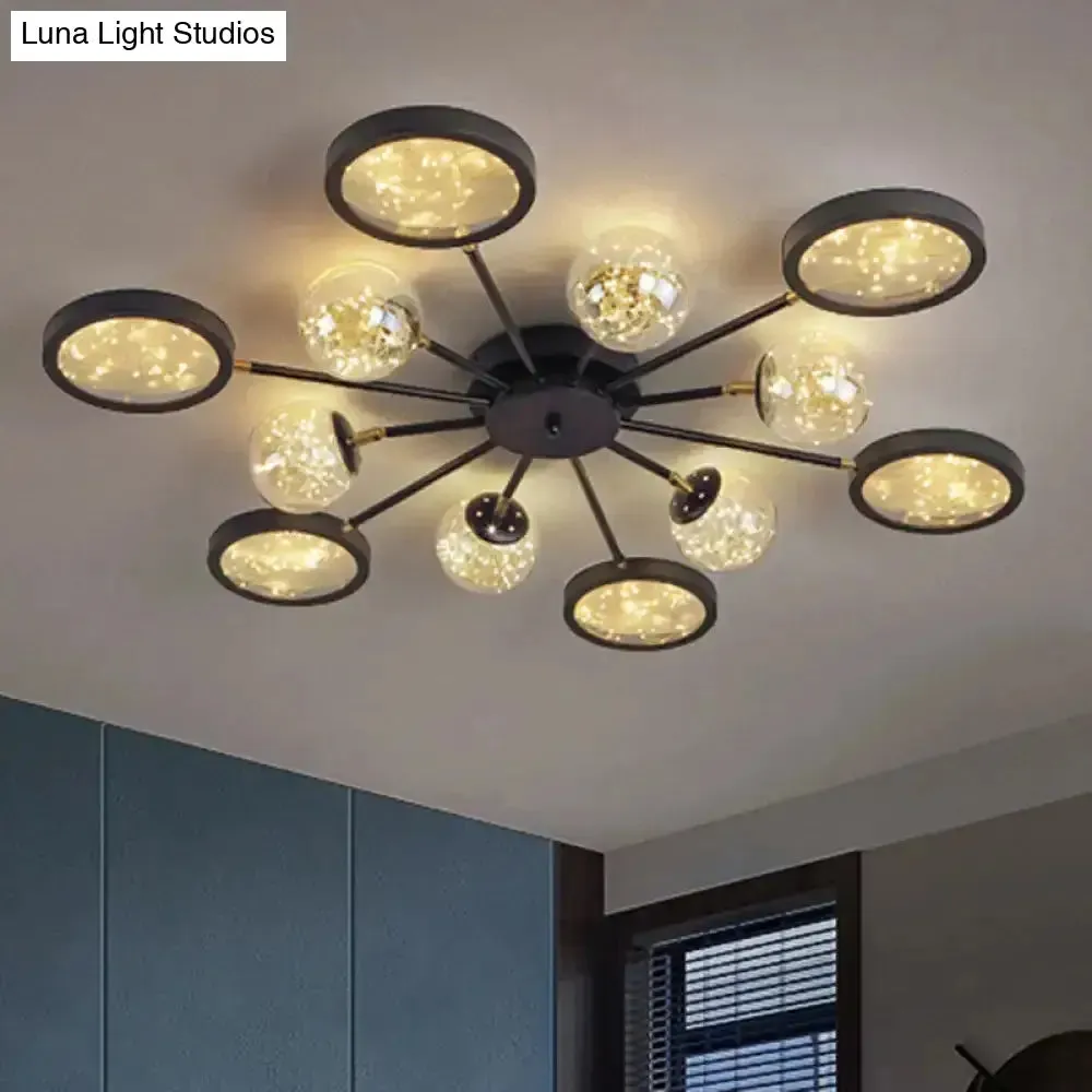 Modern Black Flush Mount with Amber Glass and Glowing String Inside
