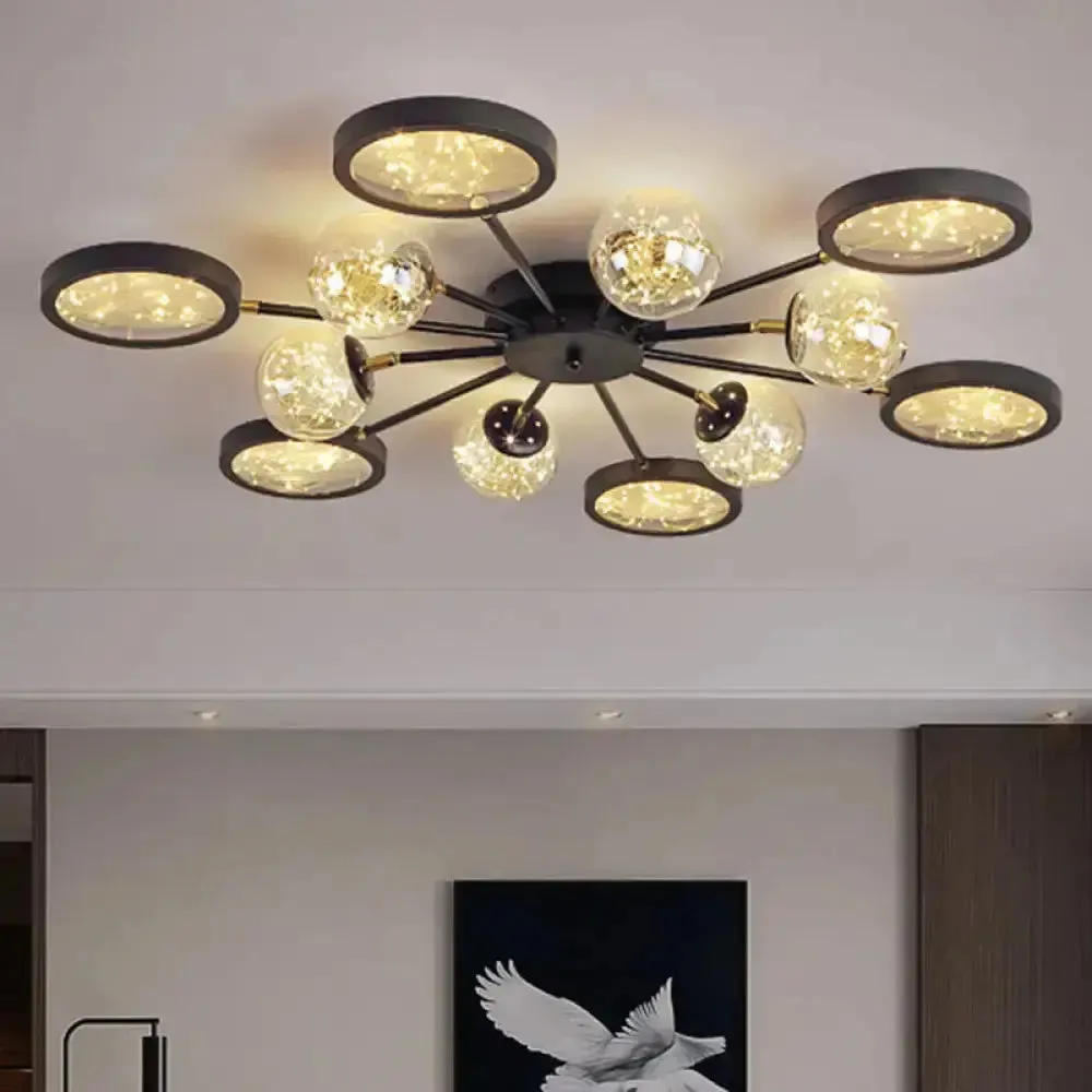 Modern Black Flush Mount with Amber Glass and Glowing String Inside