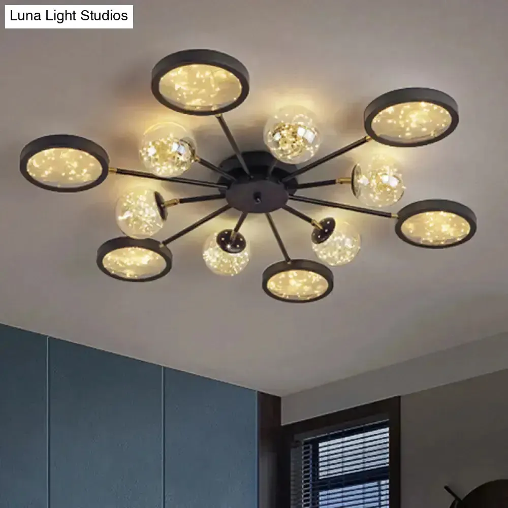 Modern Black Flush Mount with Amber Glass and Glowing String Inside