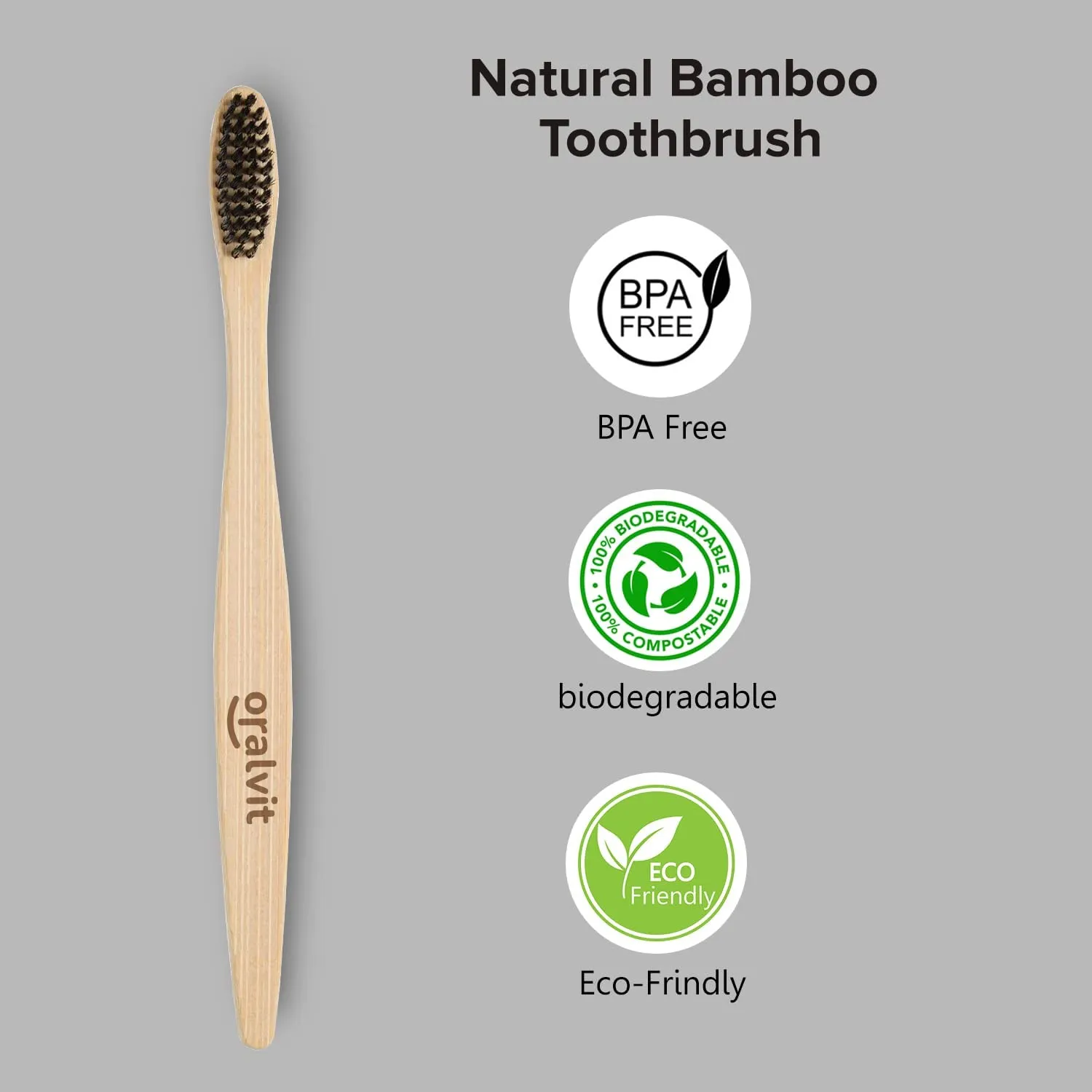 Oralvit Bamboo Charcoal Toothbrush 100% Natural | Anti-bacterial & Biodegradable | Eco-Friendly | For Adults & Kids | BPA Free (Pack Of 2)