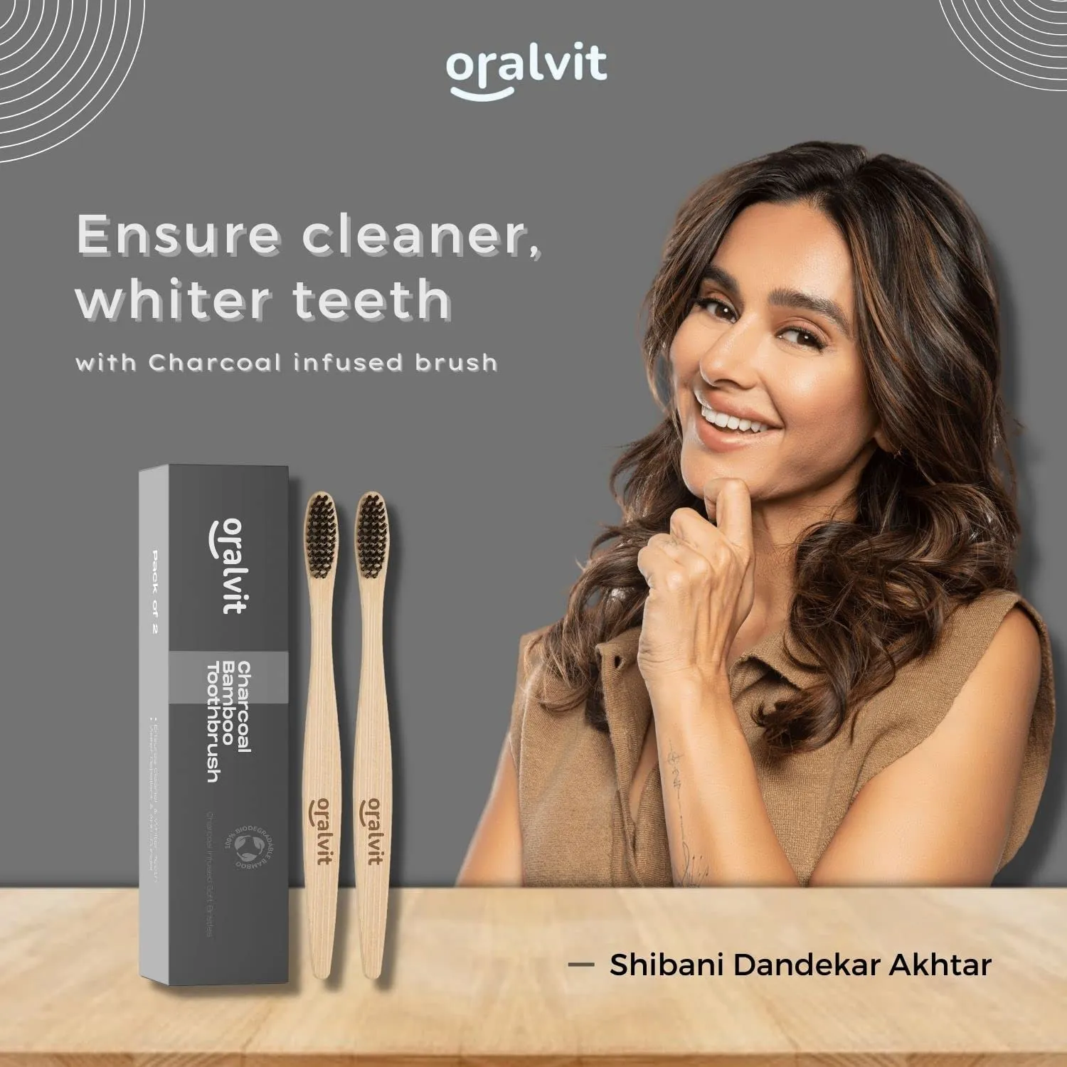Oralvit Bamboo Charcoal Toothbrush 100% Natural | Anti-bacterial & Biodegradable | Eco-Friendly | For Adults & Kids | BPA Free (Pack Of 2)