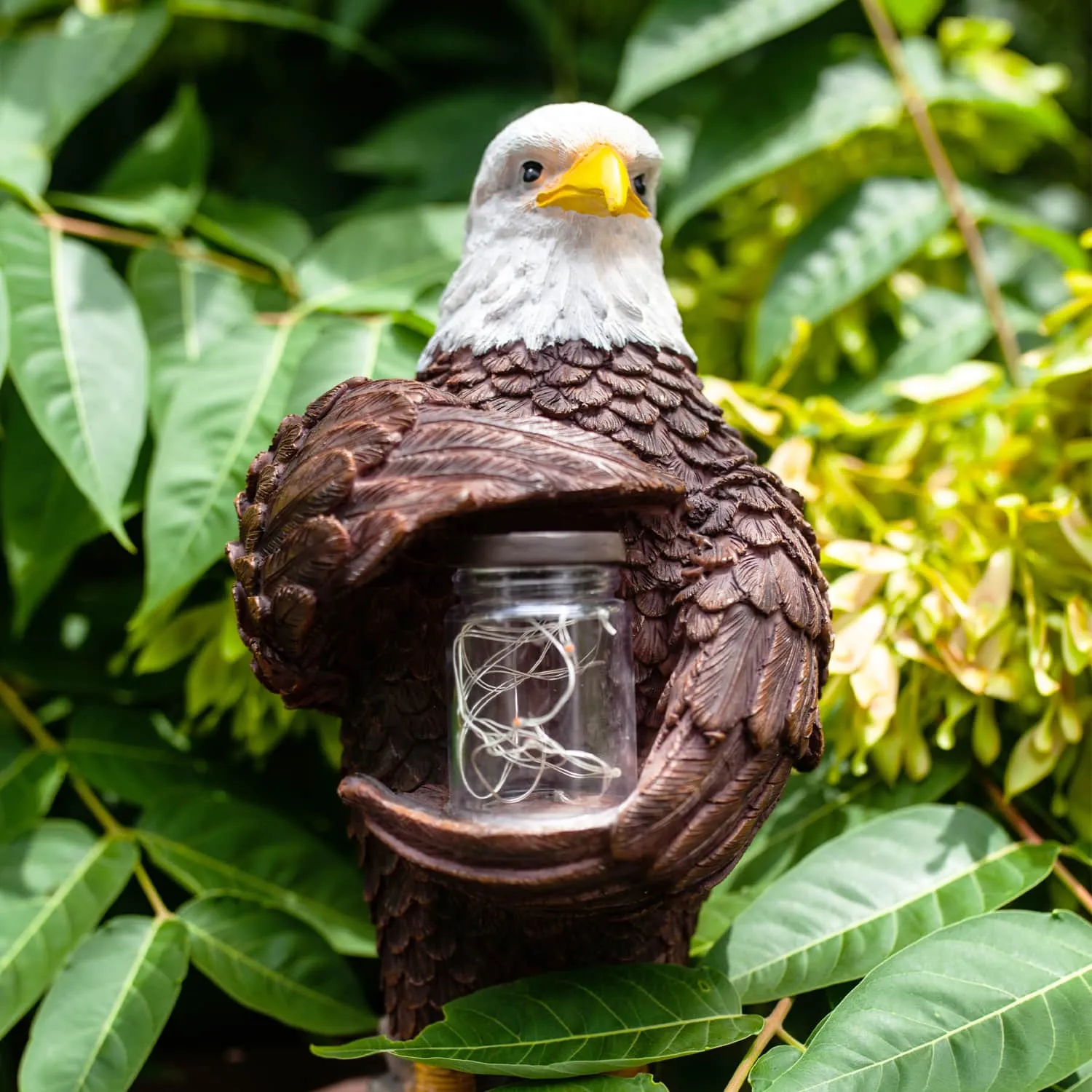 Solar Eagle Garden Statue Holding a Glass Jar with 9 Red White and Blue LED Firefly String Lights, 7.5 x 12.5 Inch