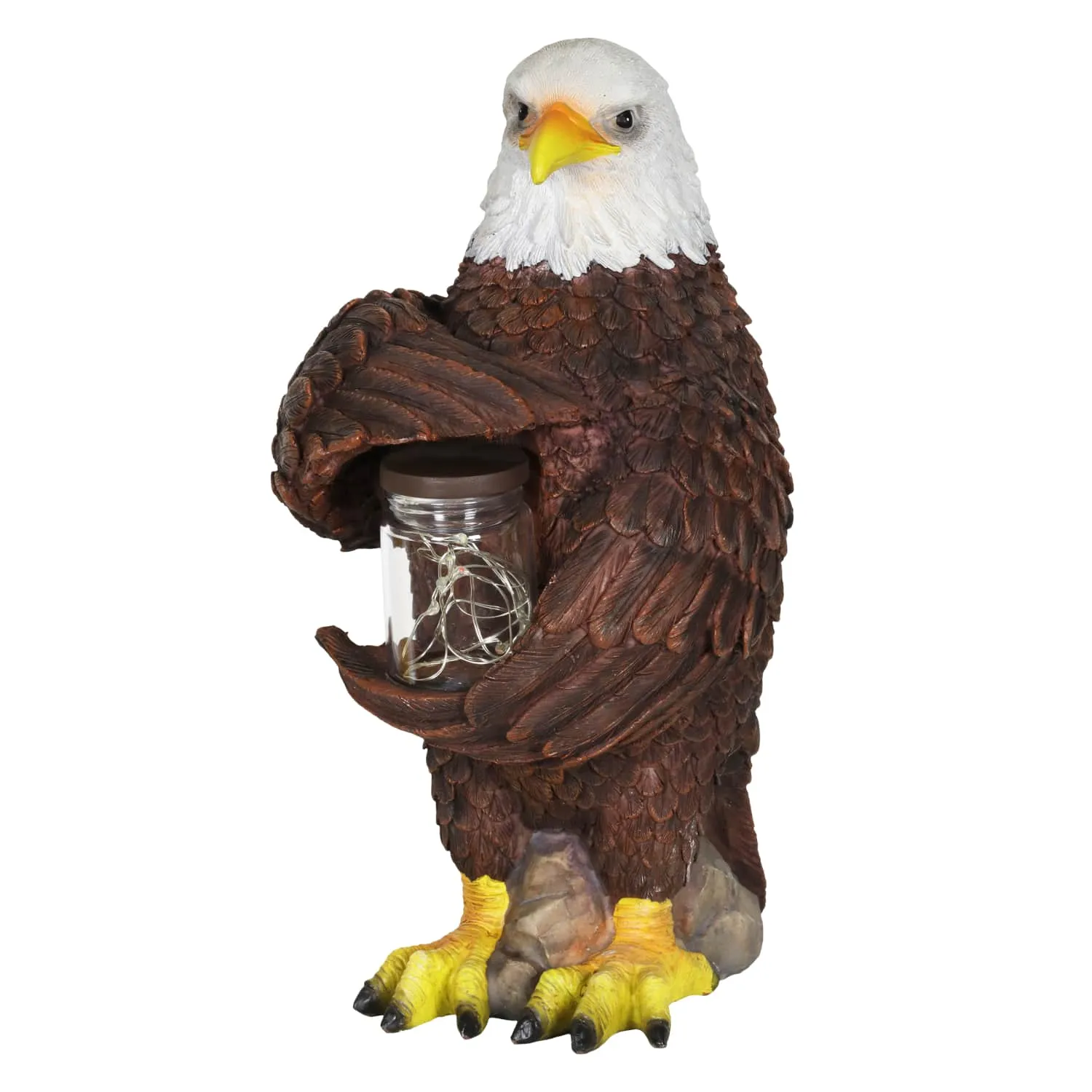 Solar Eagle Garden Statue Holding a Glass Jar with 9 Red White and Blue LED Firefly String Lights, 7.5 x 12.5 Inch