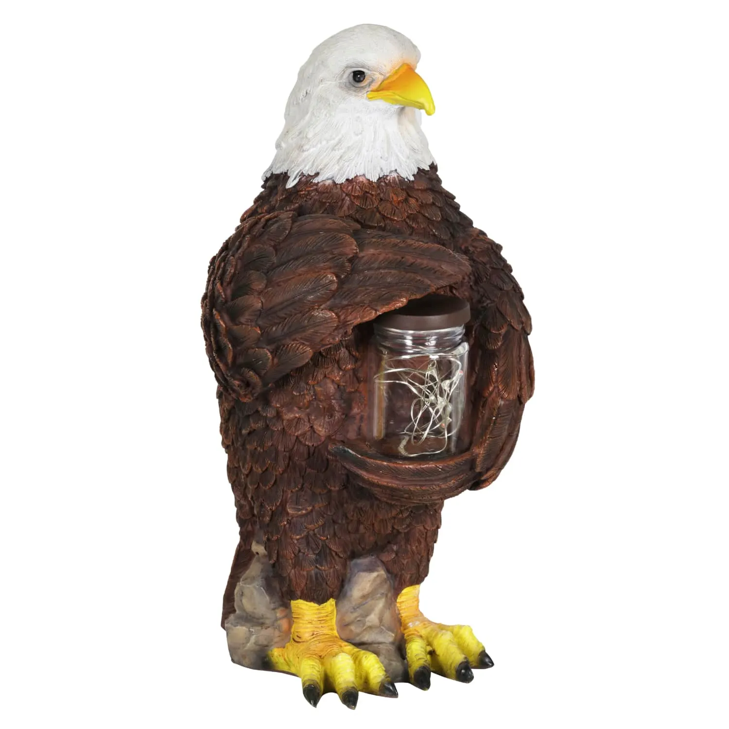 Solar Eagle Garden Statue Holding a Glass Jar with 9 Red White and Blue LED Firefly String Lights, 7.5 x 12.5 Inch