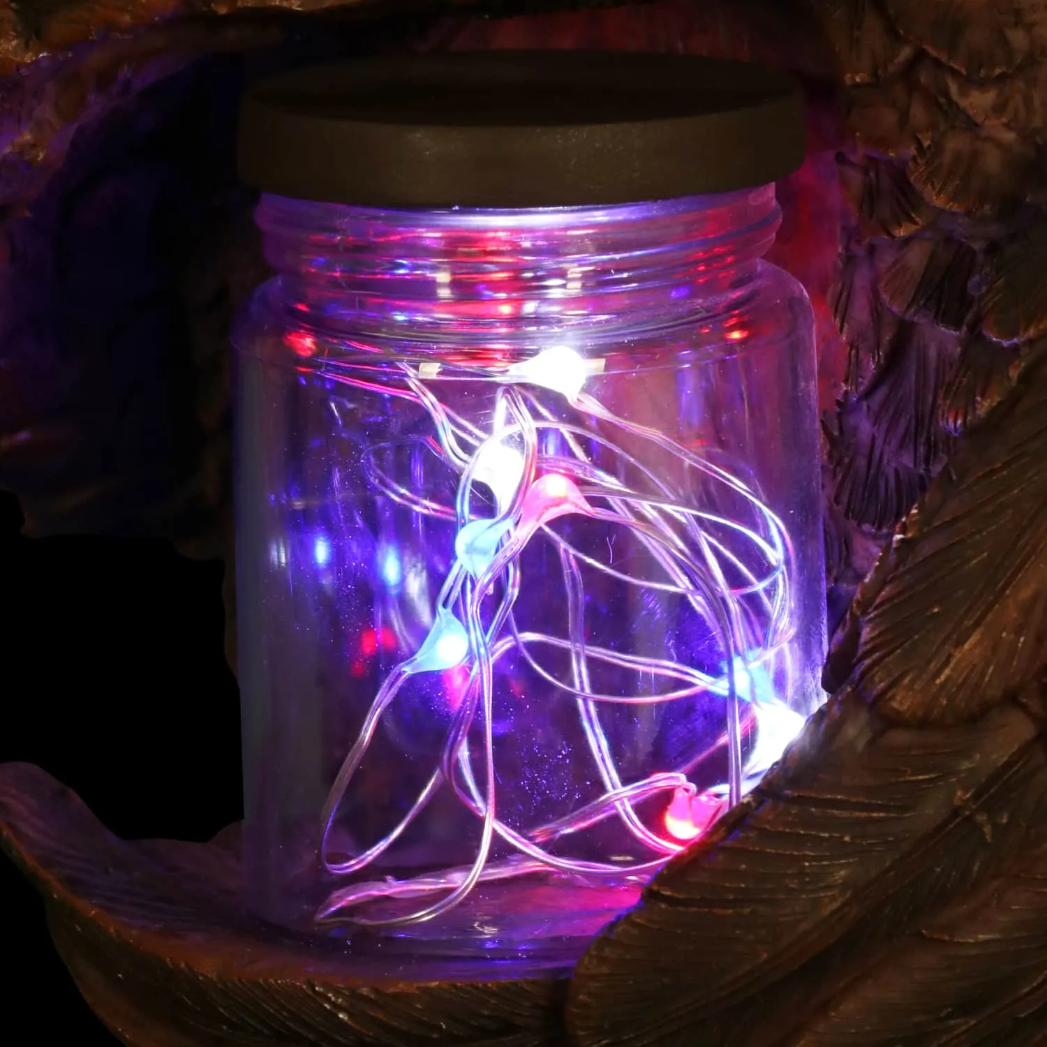 Solar Eagle Garden Statue Holding a Glass Jar with 9 Red White and Blue LED Firefly String Lights, 7.5 x 12.5 Inch